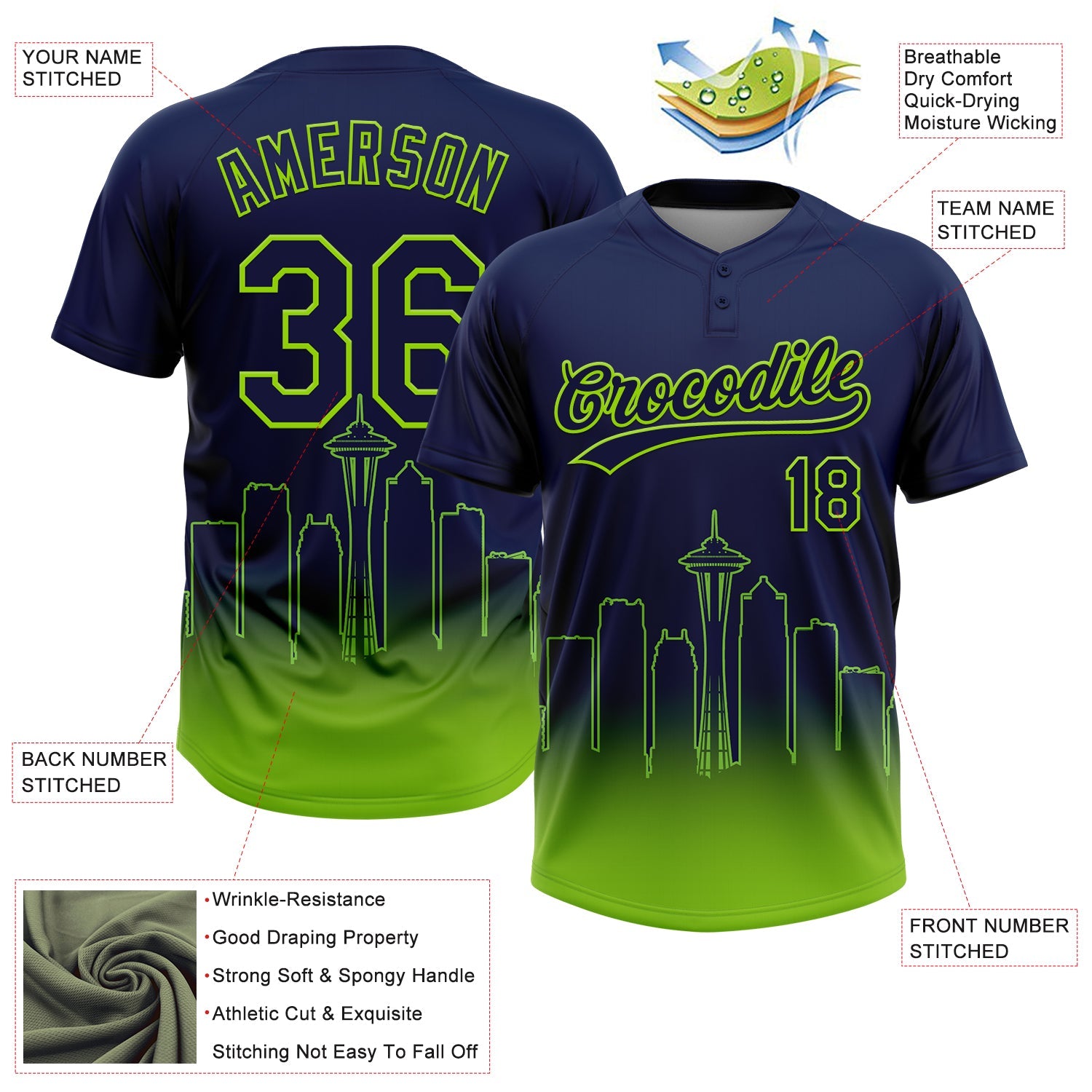 Custom Navy Neon Green Seattle City Edition Gradient Two-Button Unisex Softball Jersey view 3