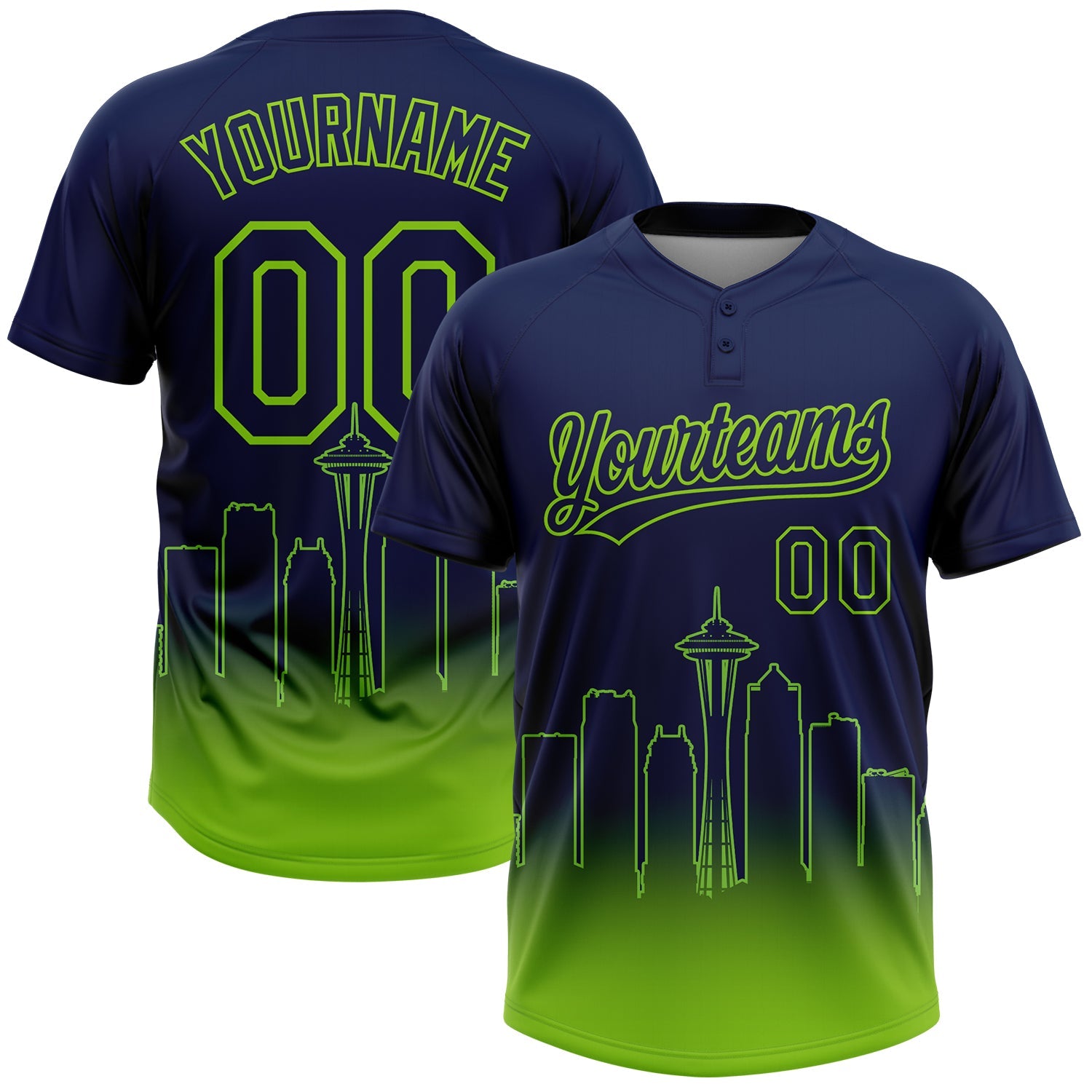 Custom Navy Neon Green Seattle City Edition Gradient Two-Button Unisex Softball Jersey - Main View