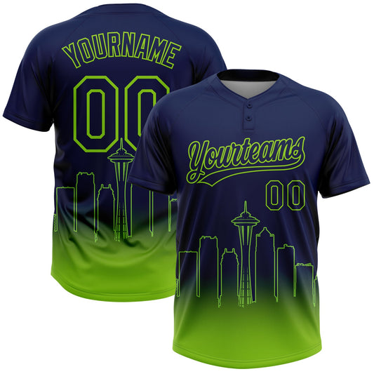 Custom Navy Neon Green Seattle City Edition Gradient Two-Button Unisex Softball Jersey - Main View