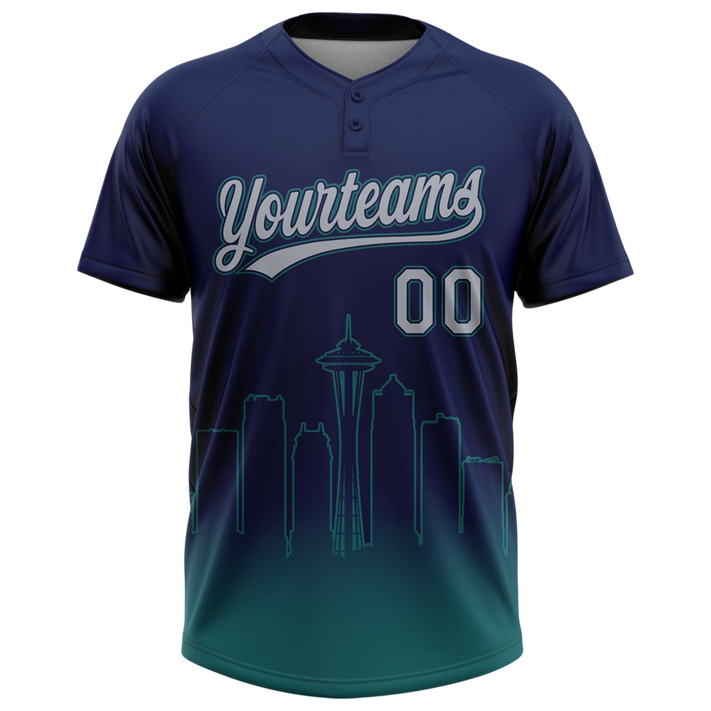 Custom Navy Gray-Teal Seattle City Edition Gradient Two-Button Unisex Softball Jersey view 2