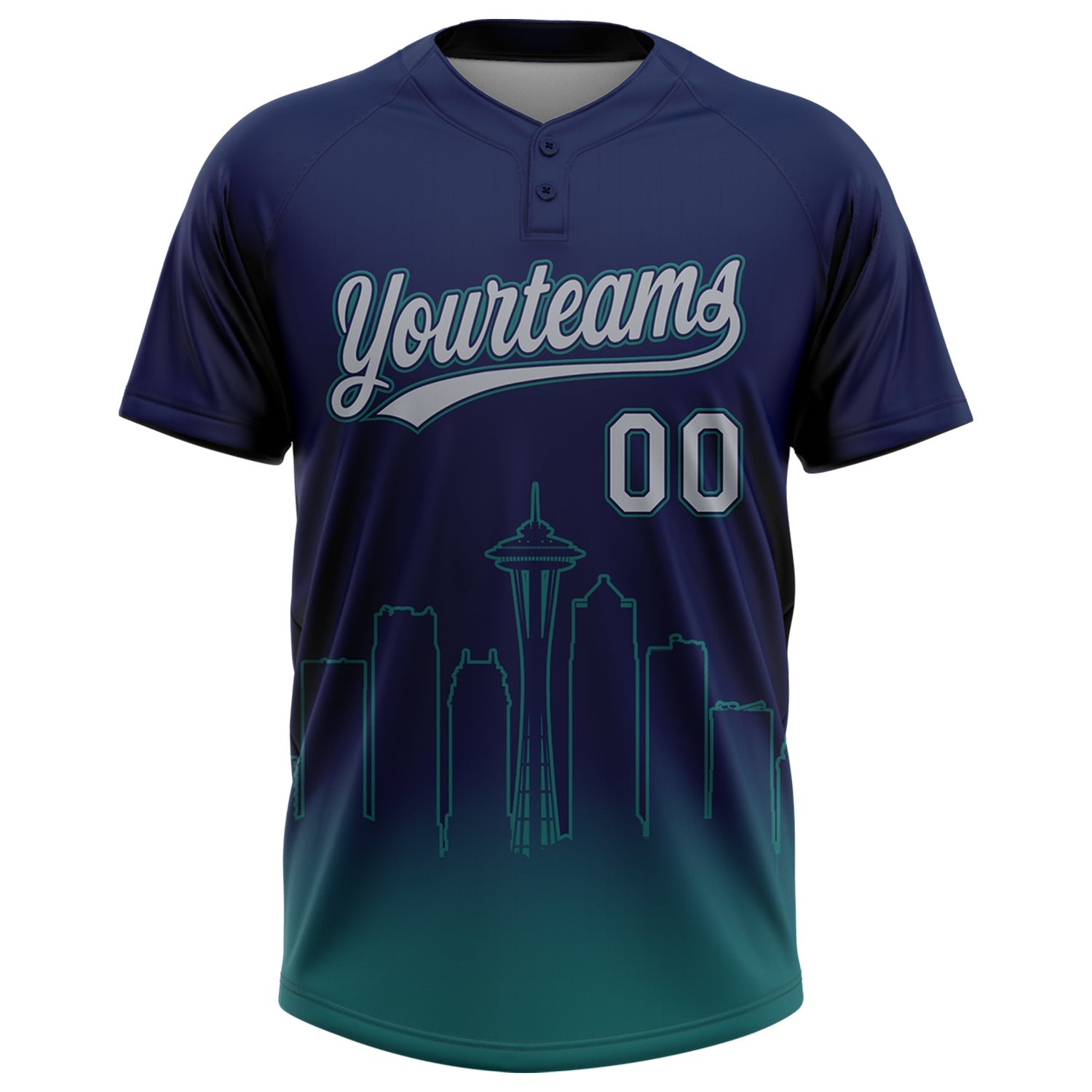 Custom Navy Gray-Teal Seattle City Edition Gradient Two-Button Unisex Softball Jersey view 2