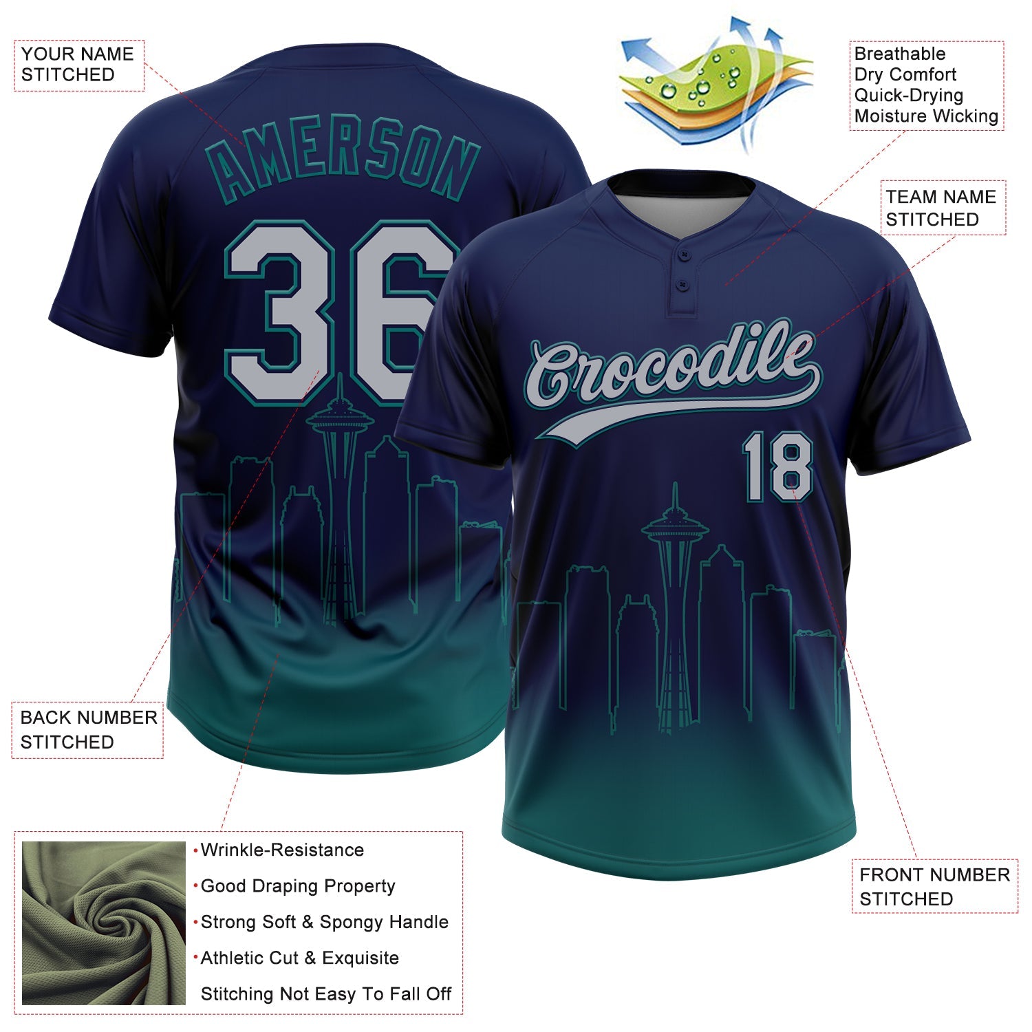 Custom Navy Gray-Teal Seattle City Edition Gradient Two-Button Unisex Softball Jersey view 3