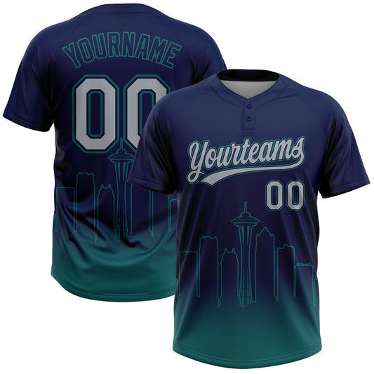 Custom Navy Gray-Teal Seattle City Edition Gradient Two-Button Unisex Softball Jersey - Main View