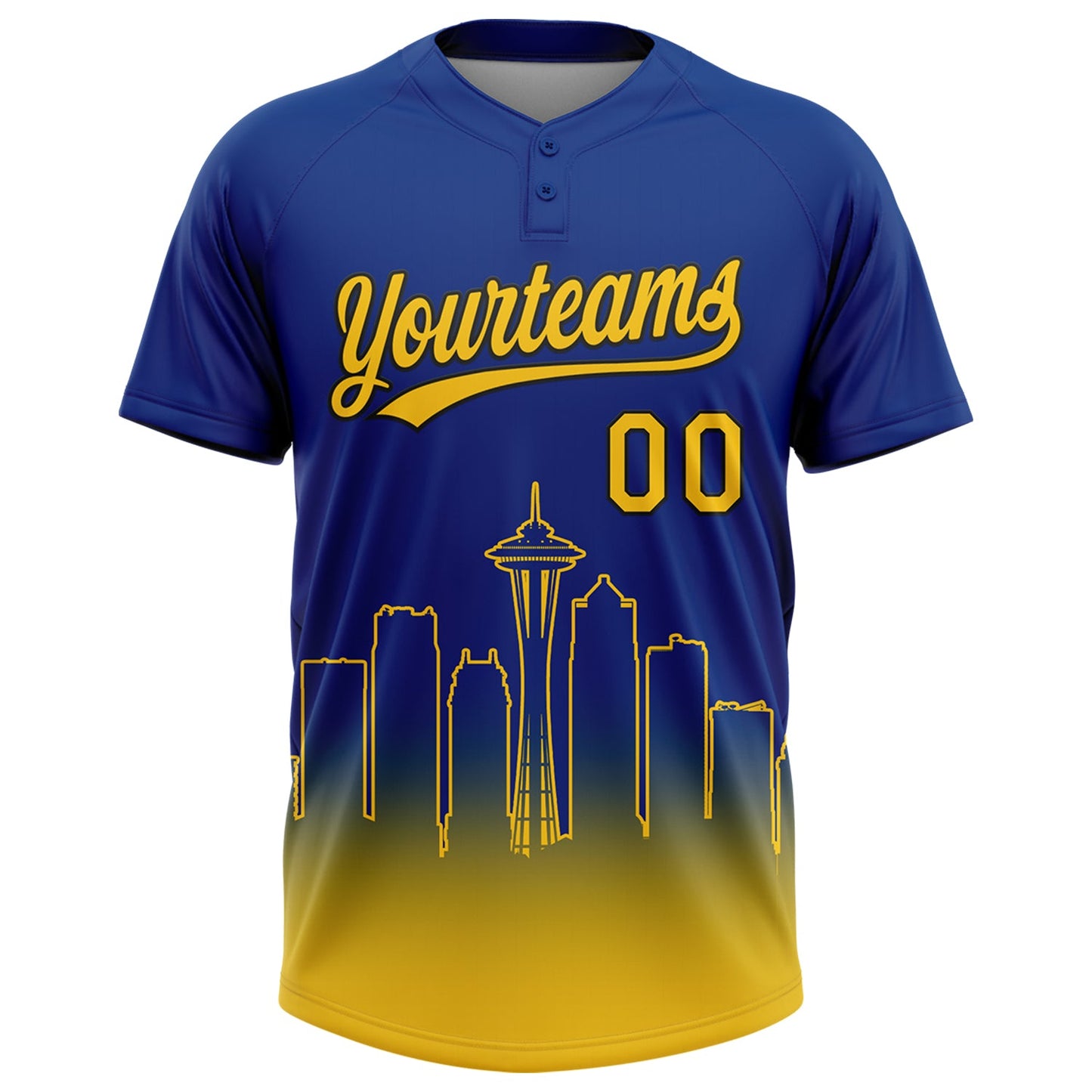 Custom Royal Yellow-Black Seattle City Edition Gradient Two-Button Unisex Softball Jersey view 2