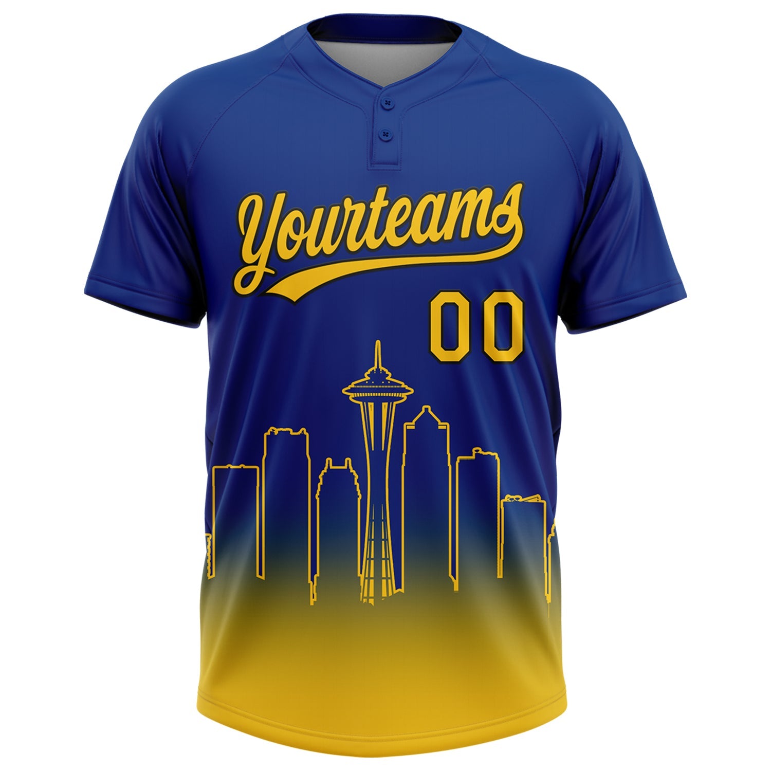 Custom Royal Yellow-Black Seattle City Edition Gradient Two-Button Unisex Softball Jersey view 2
