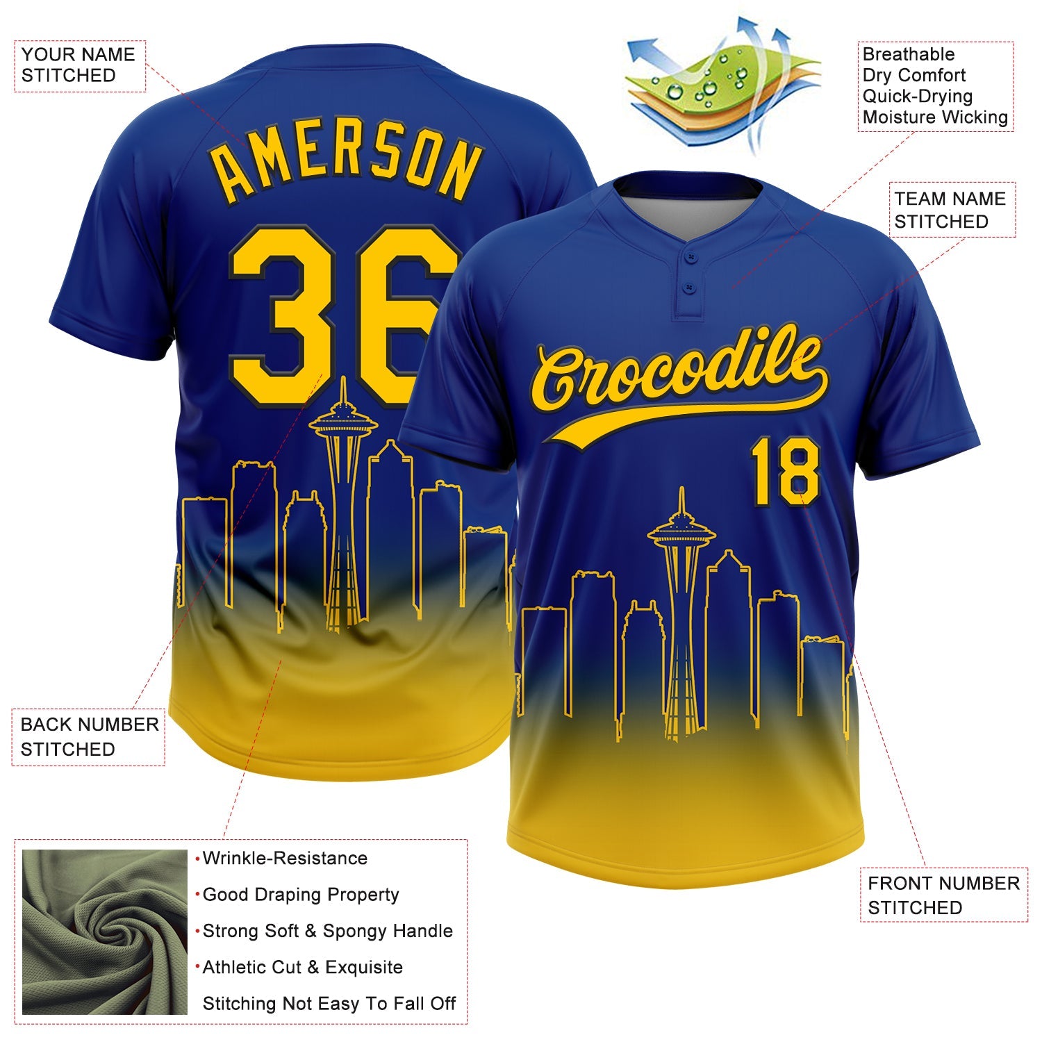 Custom Royal Yellow-Black Seattle City Edition Gradient Two-Button Unisex Softball Jersey view 3