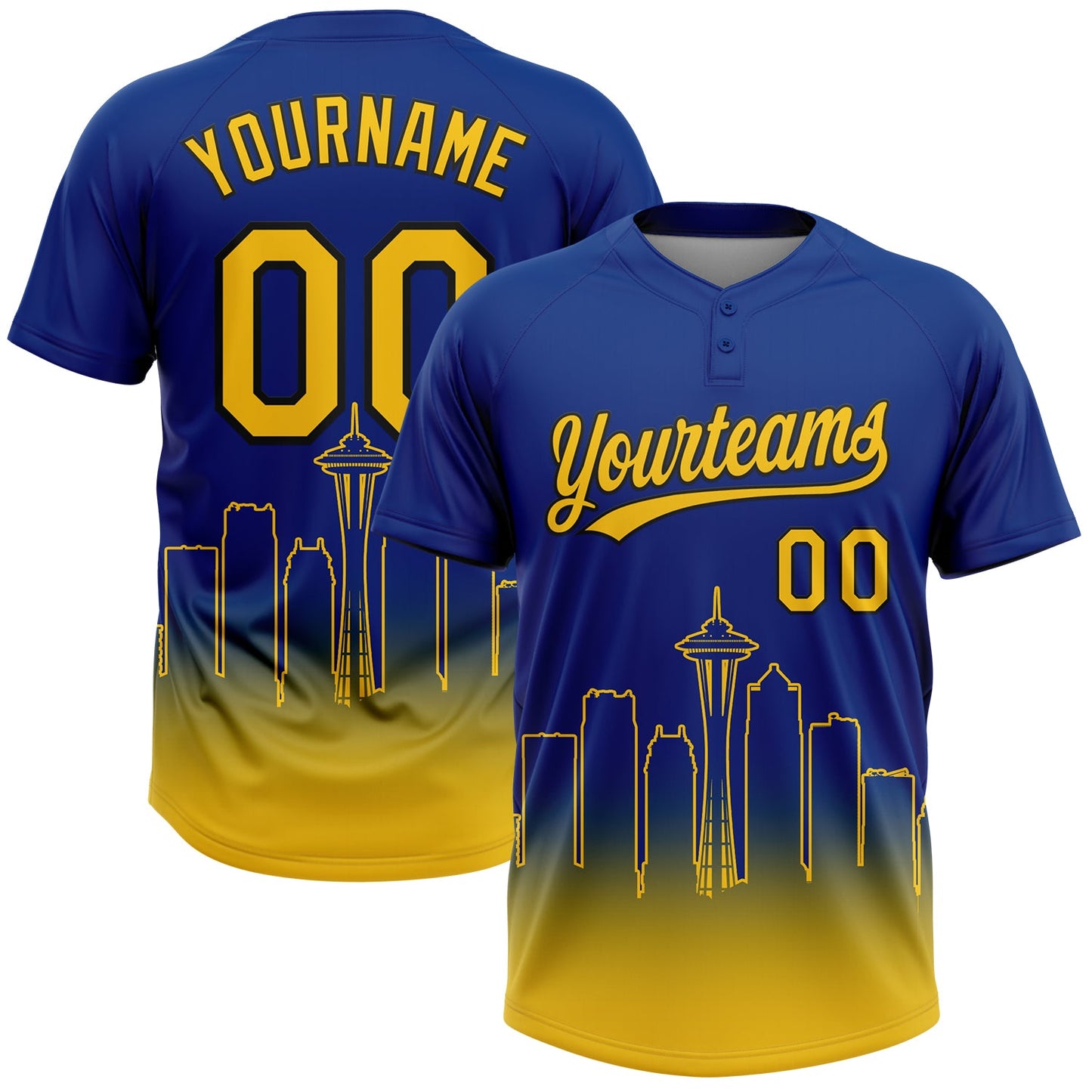 Custom Royal Yellow-Black Seattle City Edition Gradient Two-Button Unisex Softball Jersey - Main View