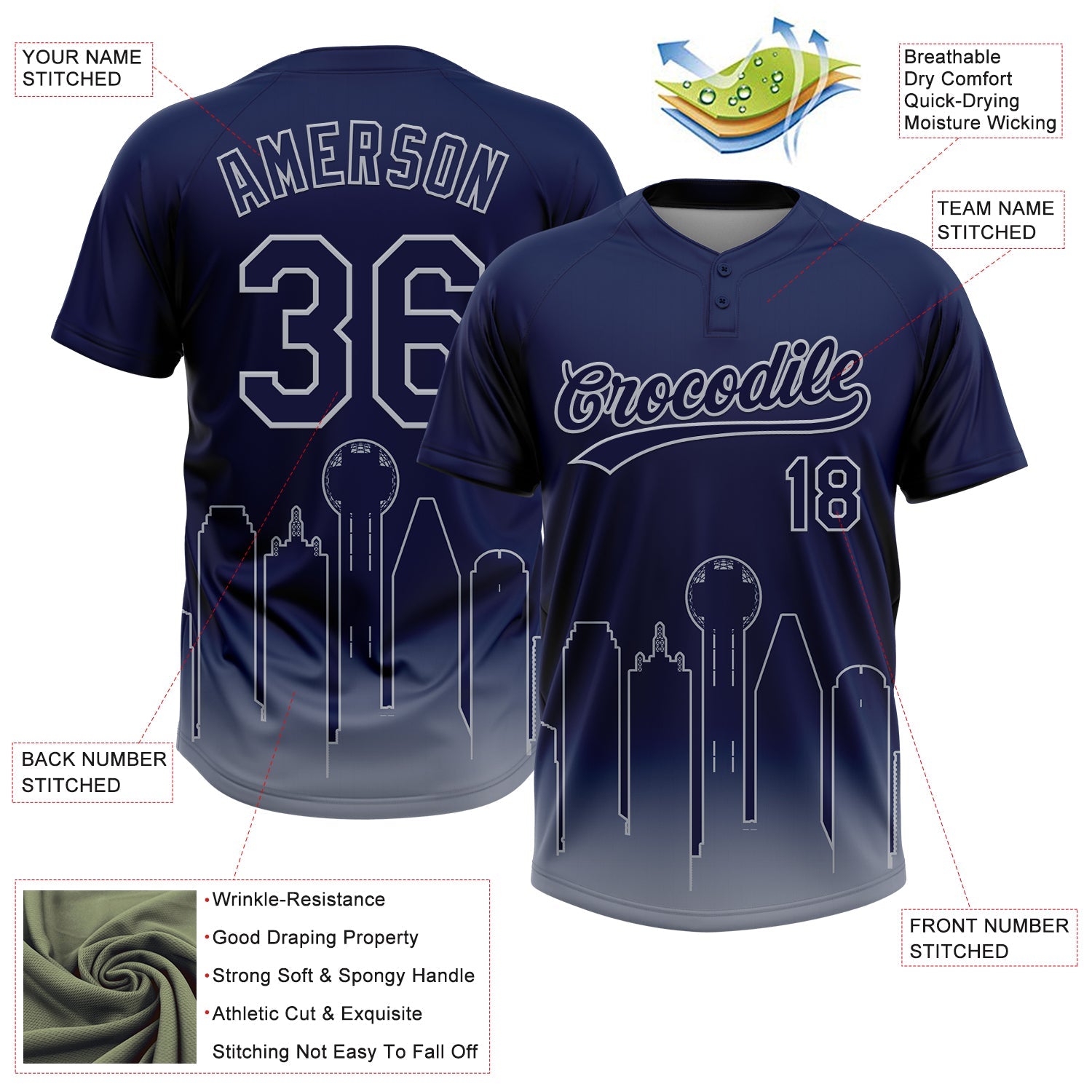 Custom Navy Gray Dallas City Edition Gradient Two-Button Unisex Softball Jersey view 3