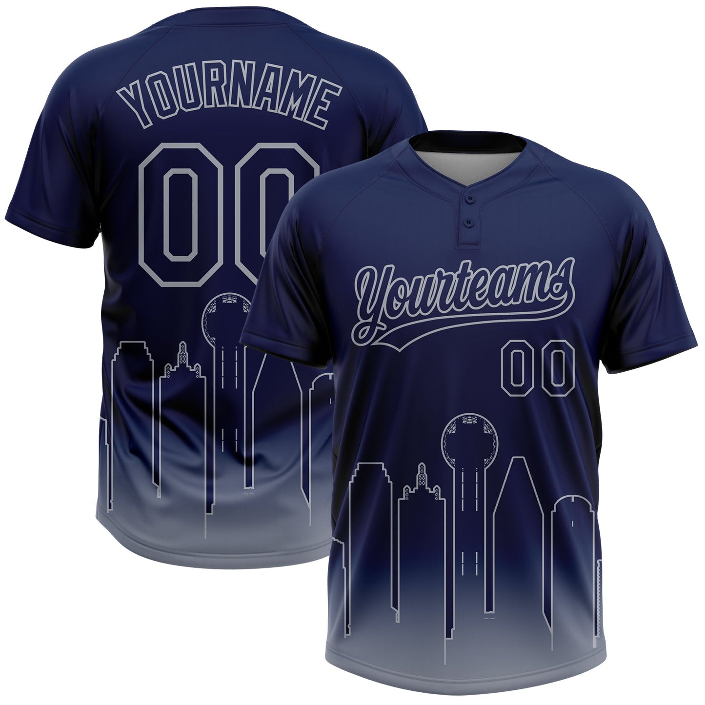 Custom Navy Gray Dallas City Edition Gradient Two-Button Unisex Softball Jersey - Main View