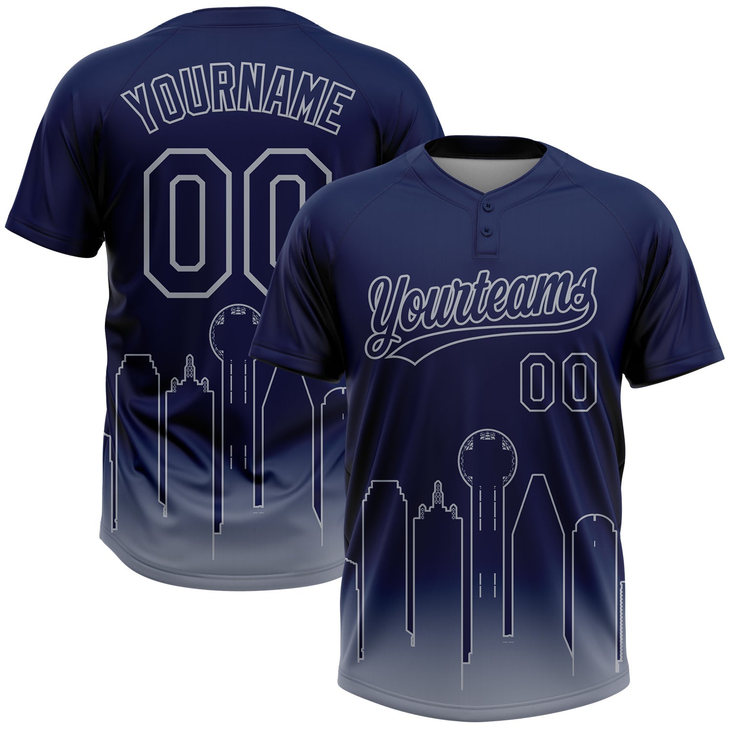 Custom Navy Gray Dallas City Edition Gradient Two-Button Unisex Softball Jersey - Main View