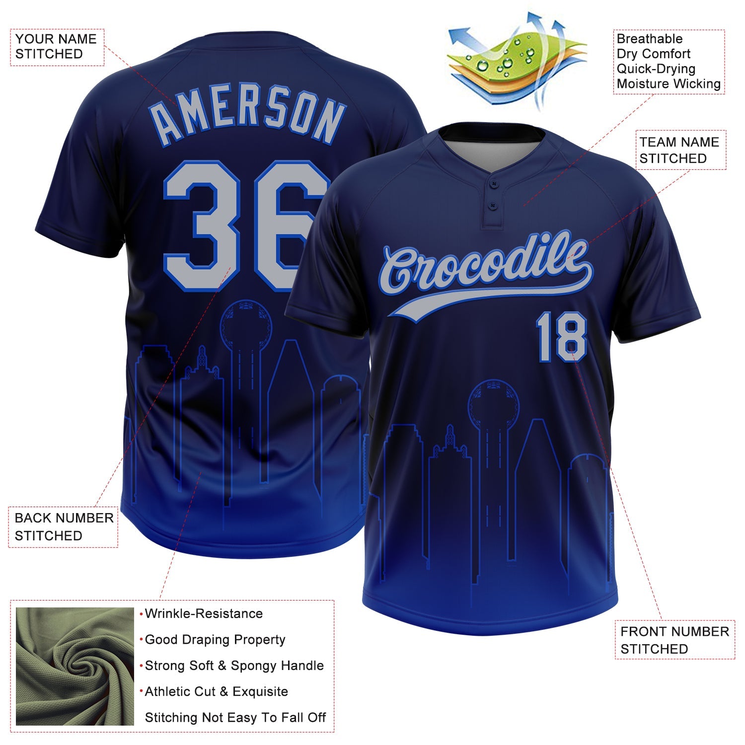 Custom Navy Gray-Thunder Blue Dallas City Edition Gradient Two-Button Unisex Softball Jersey view 3