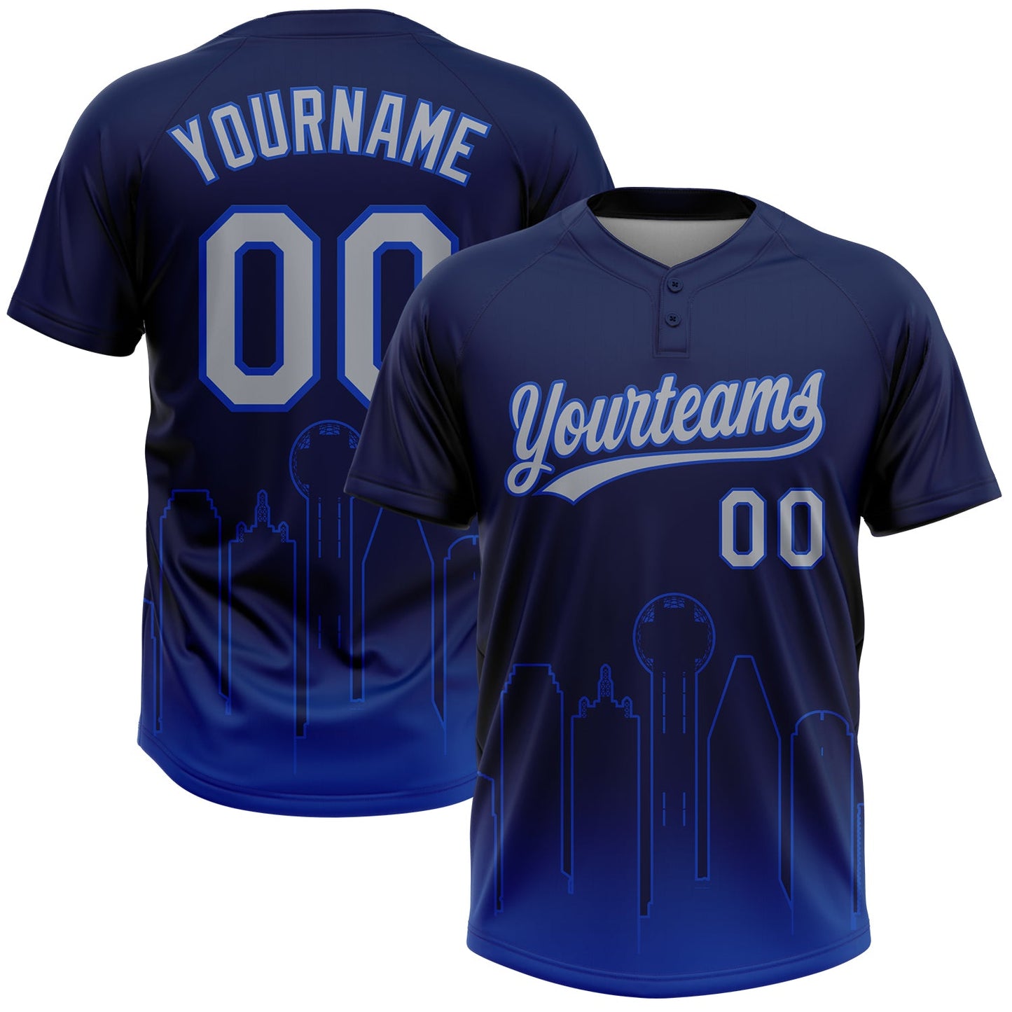 Custom Navy Gray-Thunder Blue Dallas City Edition Gradient Two-Button Unisex Softball Jersey - Main View