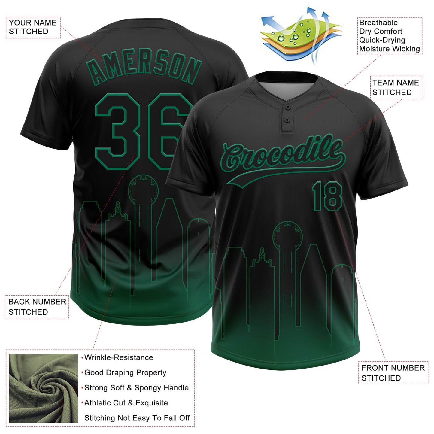 Custom Black Kelly Green Dallas City Edition Gradient Two-Button Unisex Softball Jersey view 3