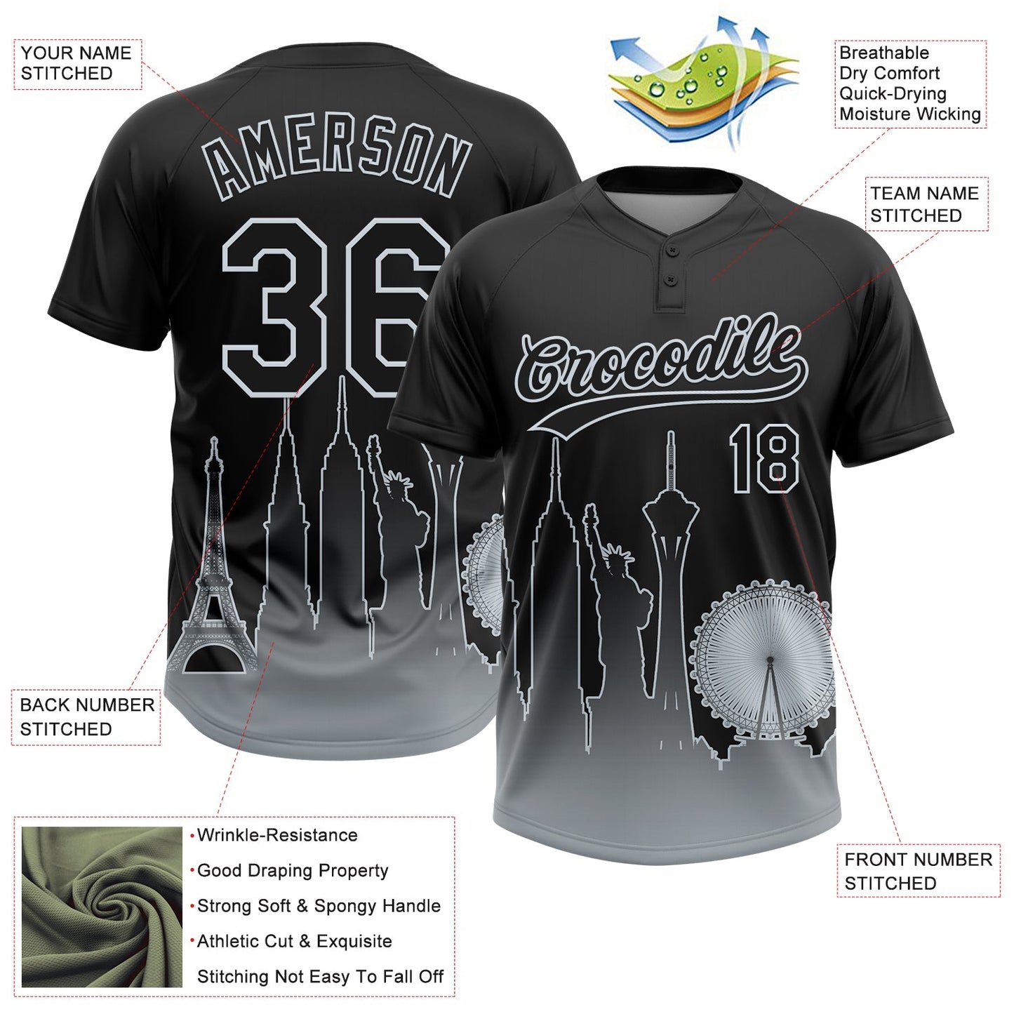 Custom Black Silver Las Vegas City Edition Gradient Two-Button Unisex Softball Jersey view 3