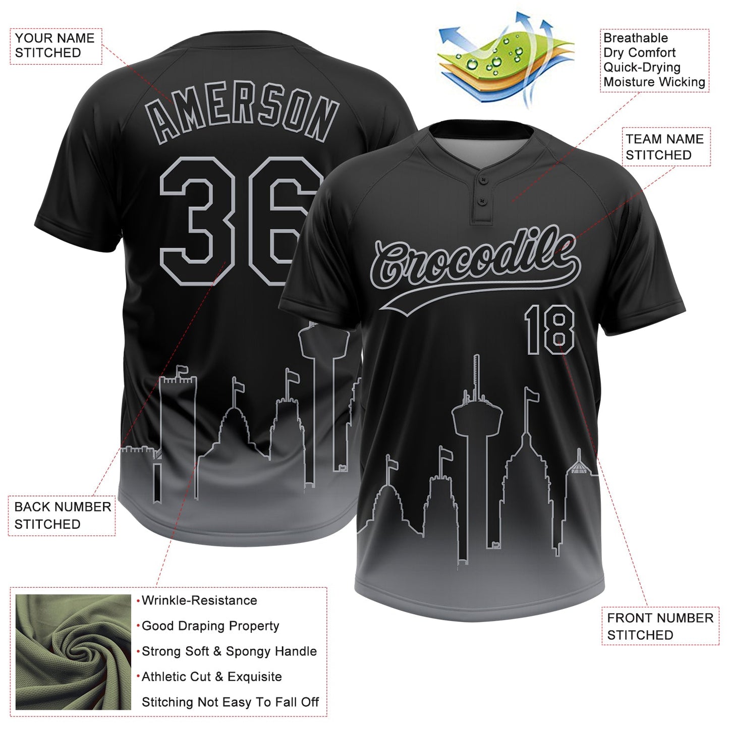 Custom Black Gray San Antonio City Edition Gradient Two-Button Unisex Softball Jersey view 3