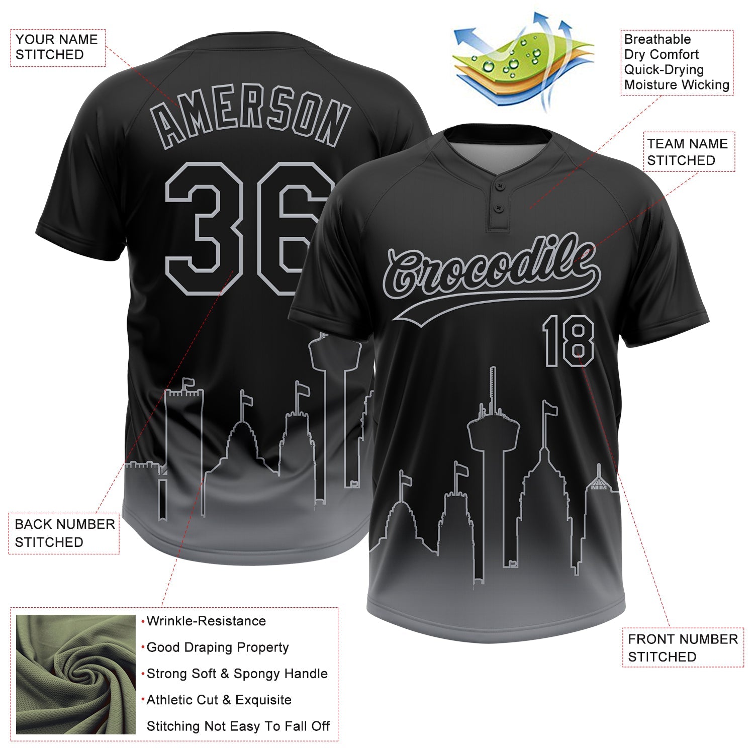 Custom Black Gray San Antonio City Edition Gradient Two-Button Unisex Softball Jersey view 3
