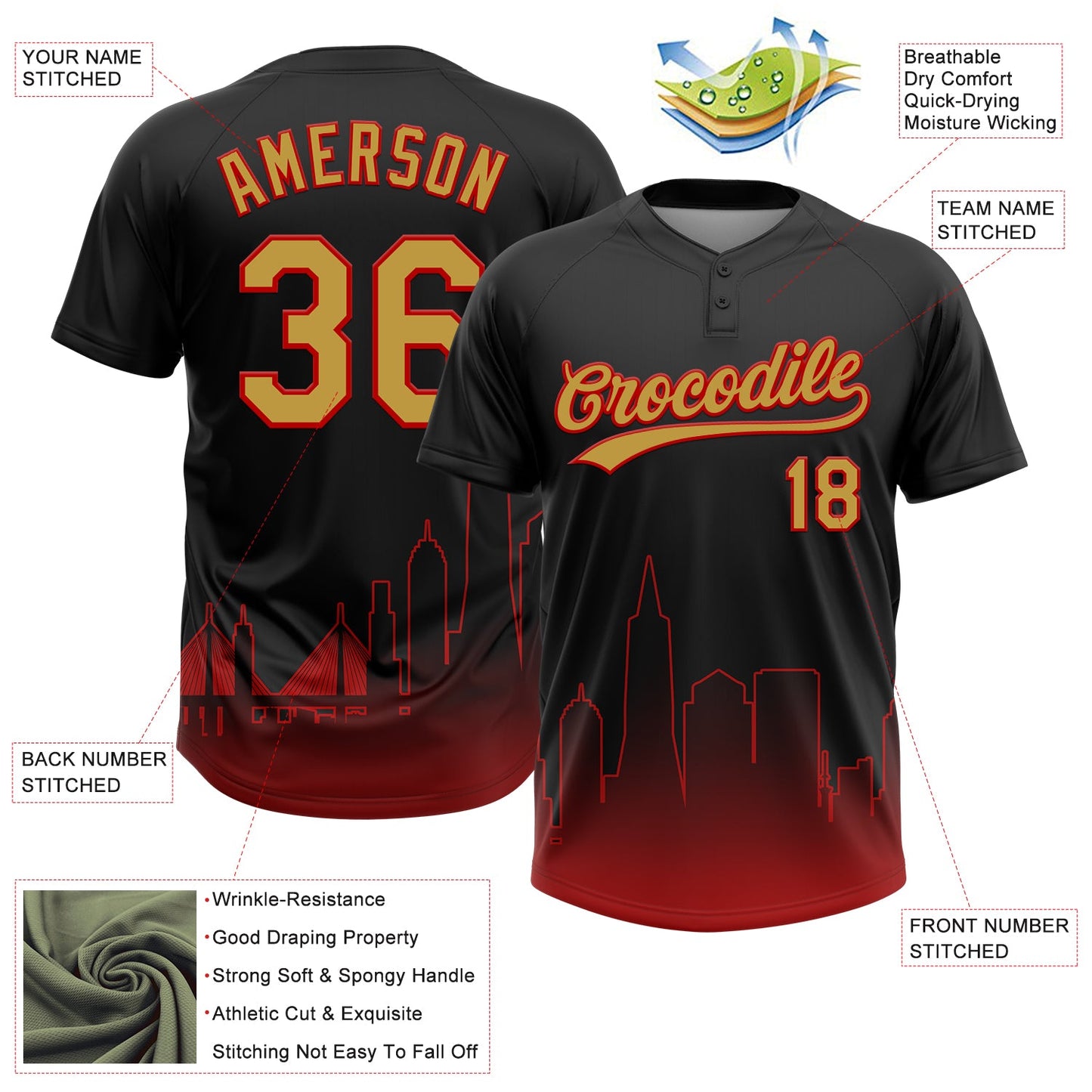 Custom Black Old Gold-Red San Francisco City Edition Gradient Two-Button Unisex Softball Jersey view 3