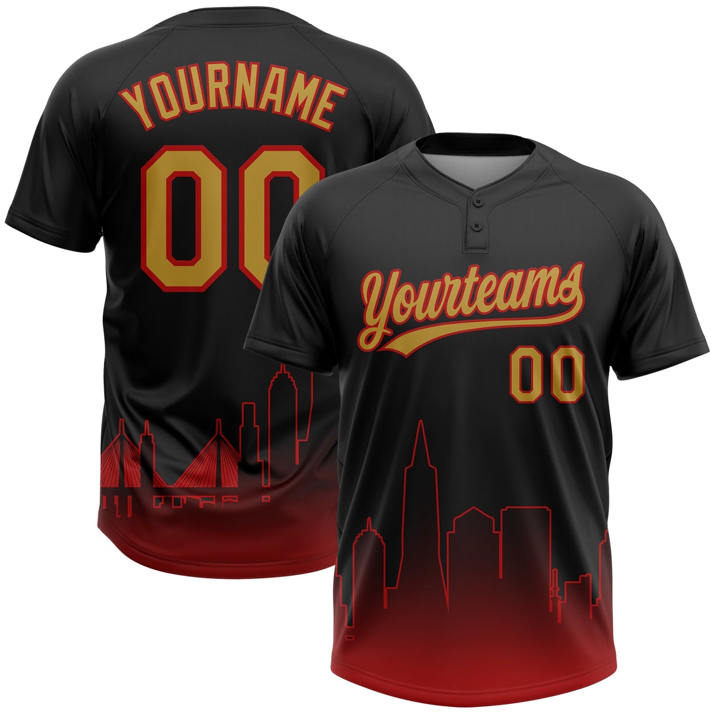 Custom Black Old Gold-Red San Francisco City Edition Gradient Two-Button Unisex Softball Jersey - Main View