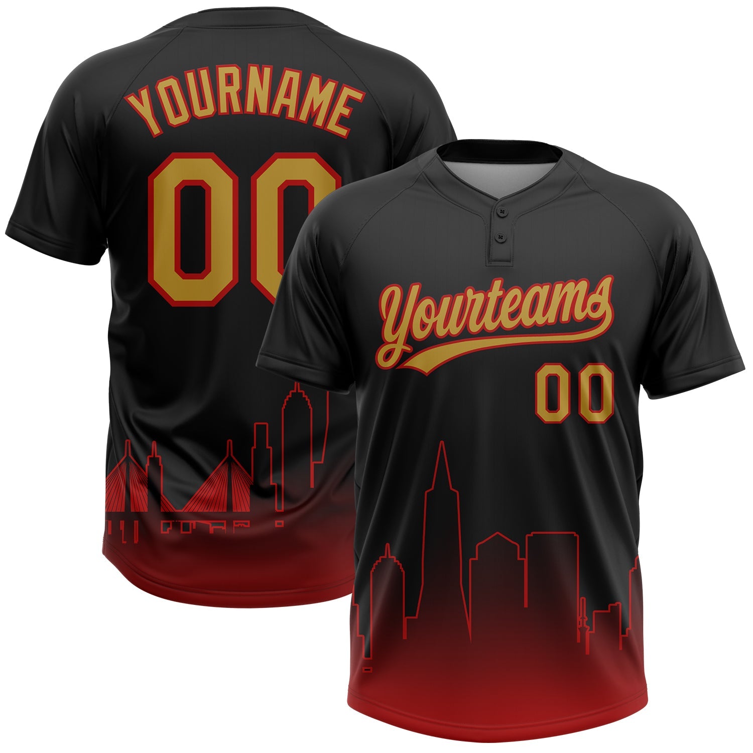 Custom Black Old Gold-Red San Francisco City Edition Gradient Two-Button Unisex Softball Jersey - Main View