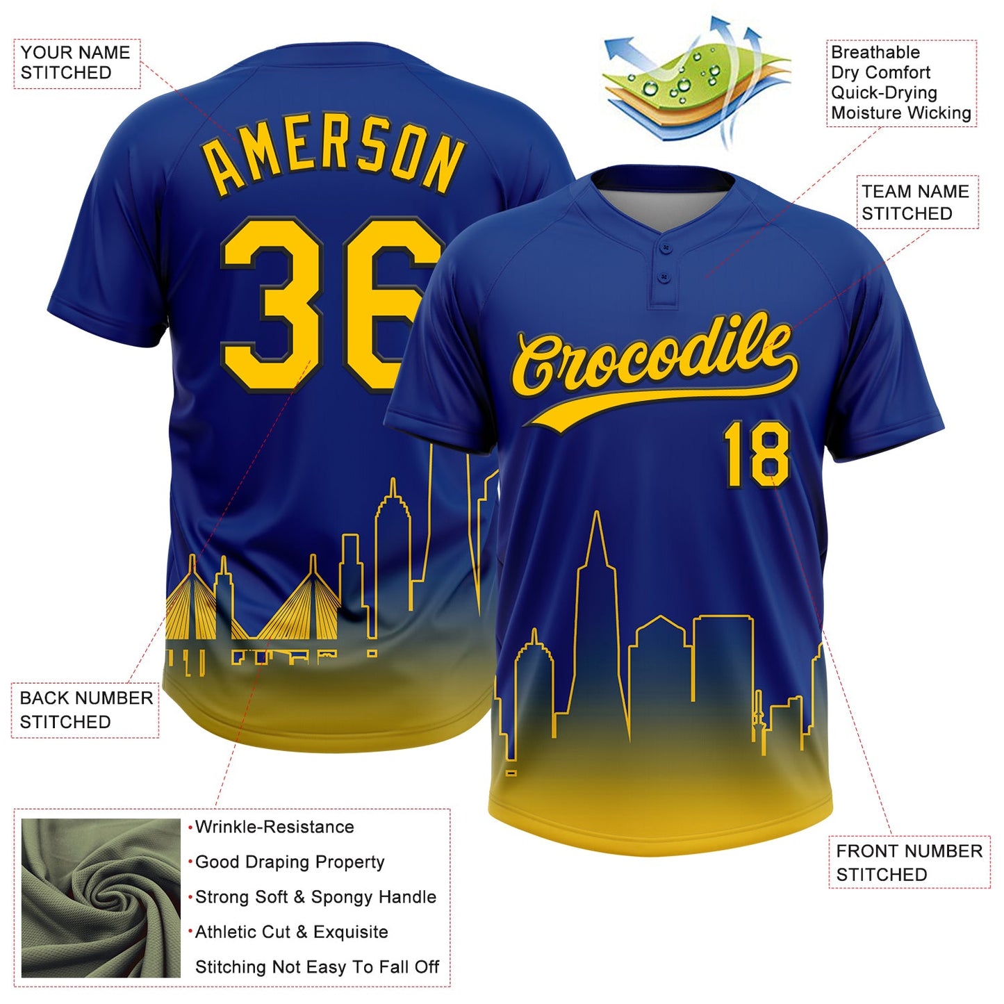 Custom Royal Yellow-Black San Francisco City Edition Gradient Two-Button Unisex Softball Jersey view 3