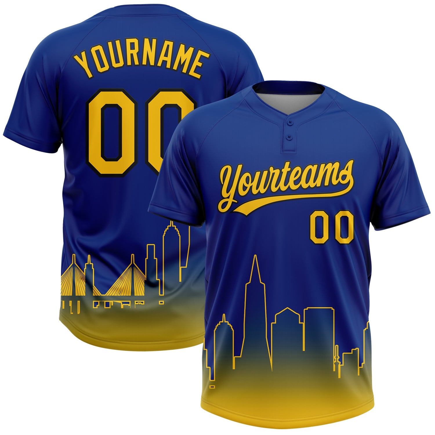 Custom Royal Yellow-Black San Francisco City Edition Gradient Two-Button Unisex Softball Jersey - Main View