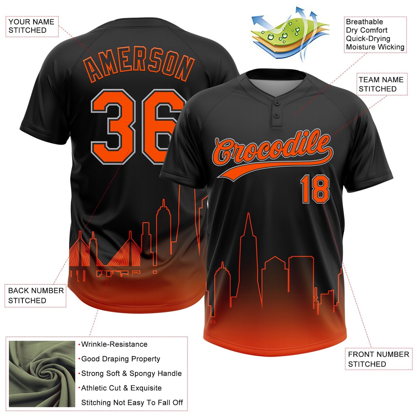 Custom Black Orange-Gray San Francisco City Edition Gradient Two-Button Unisex Softball Jersey view 3