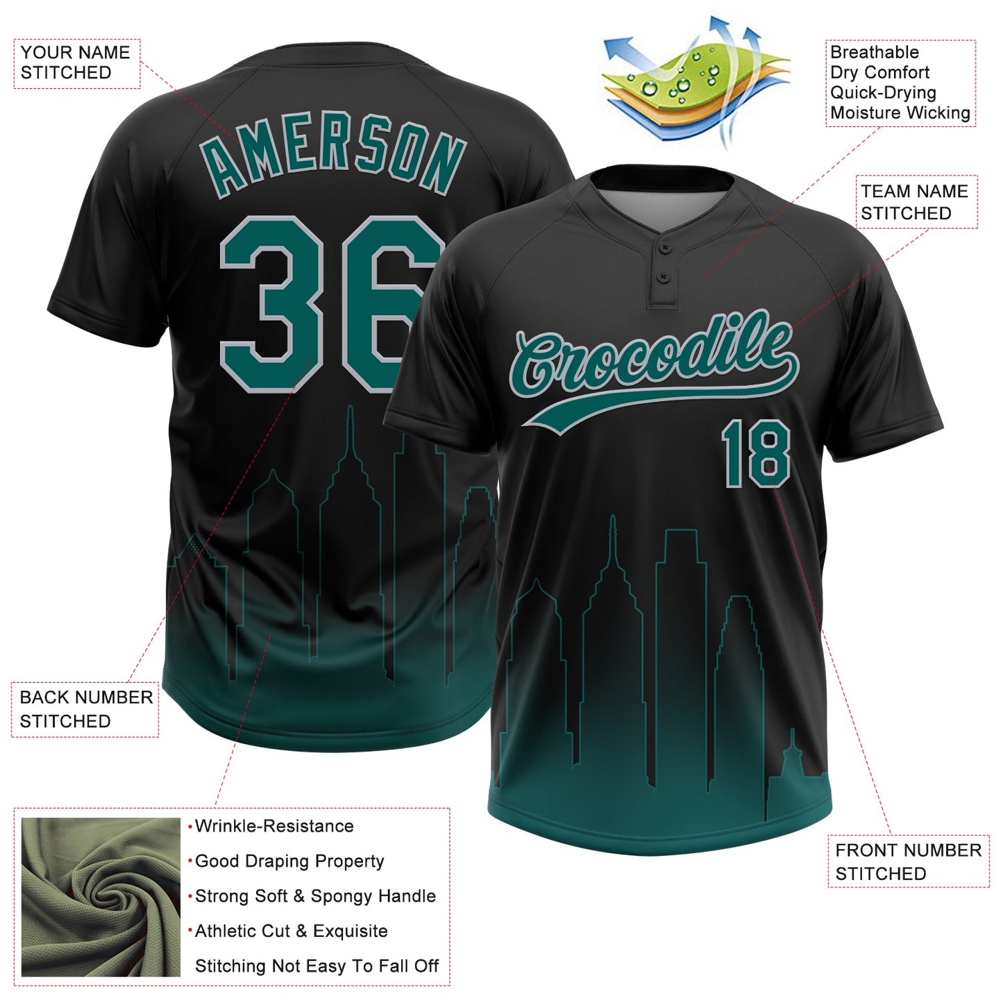 Custom Black Midnight Green-Gray Philadelphia City Edition Gradient Two-Button Unisex Softball Jersey view 3
