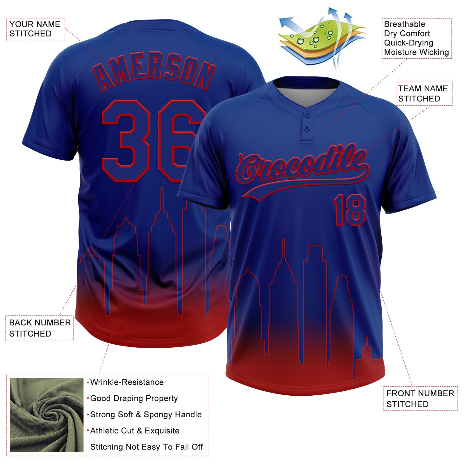 Custom Royal Red Philadelphia City Edition Gradient Two-Button Unisex Softball Jersey view 3