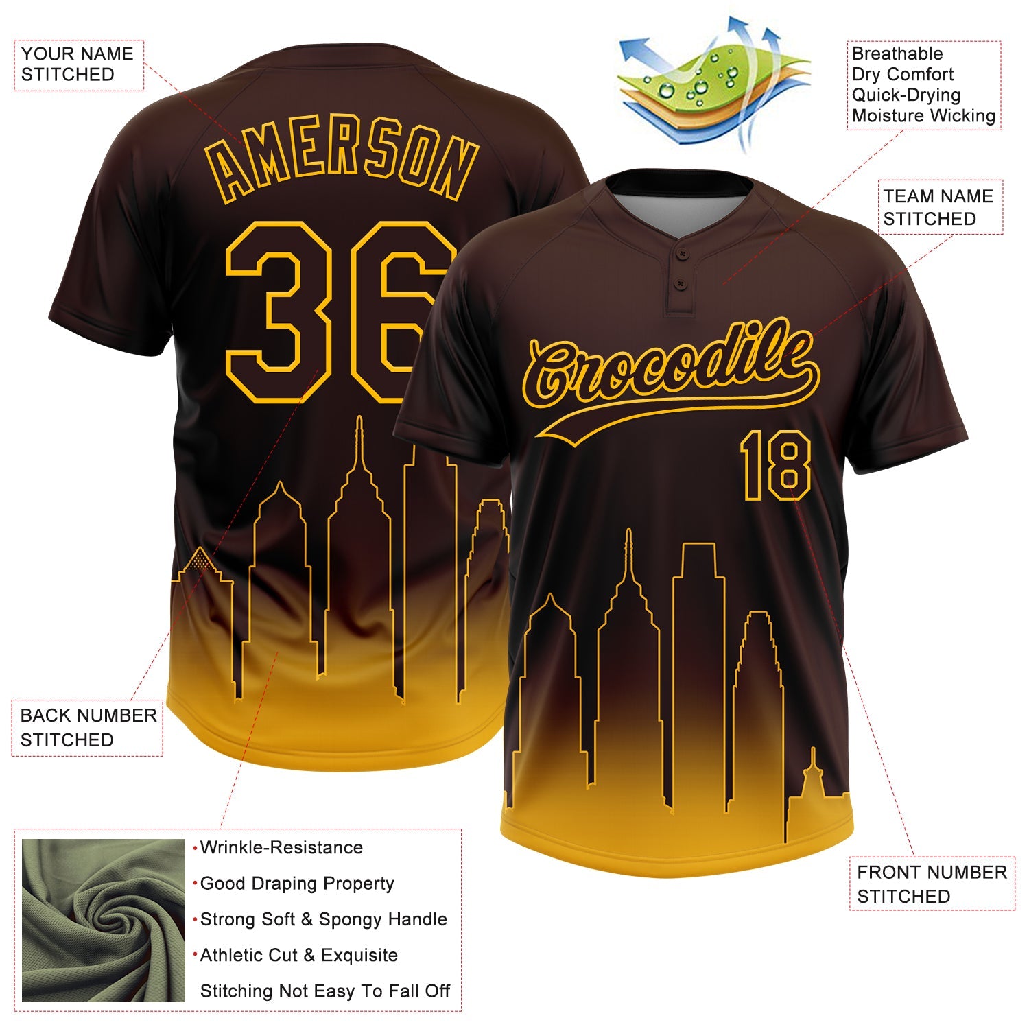 Custom Brown Gold San Diego City Edition Gradient Two-Button Unisex Softball Jersey view 3