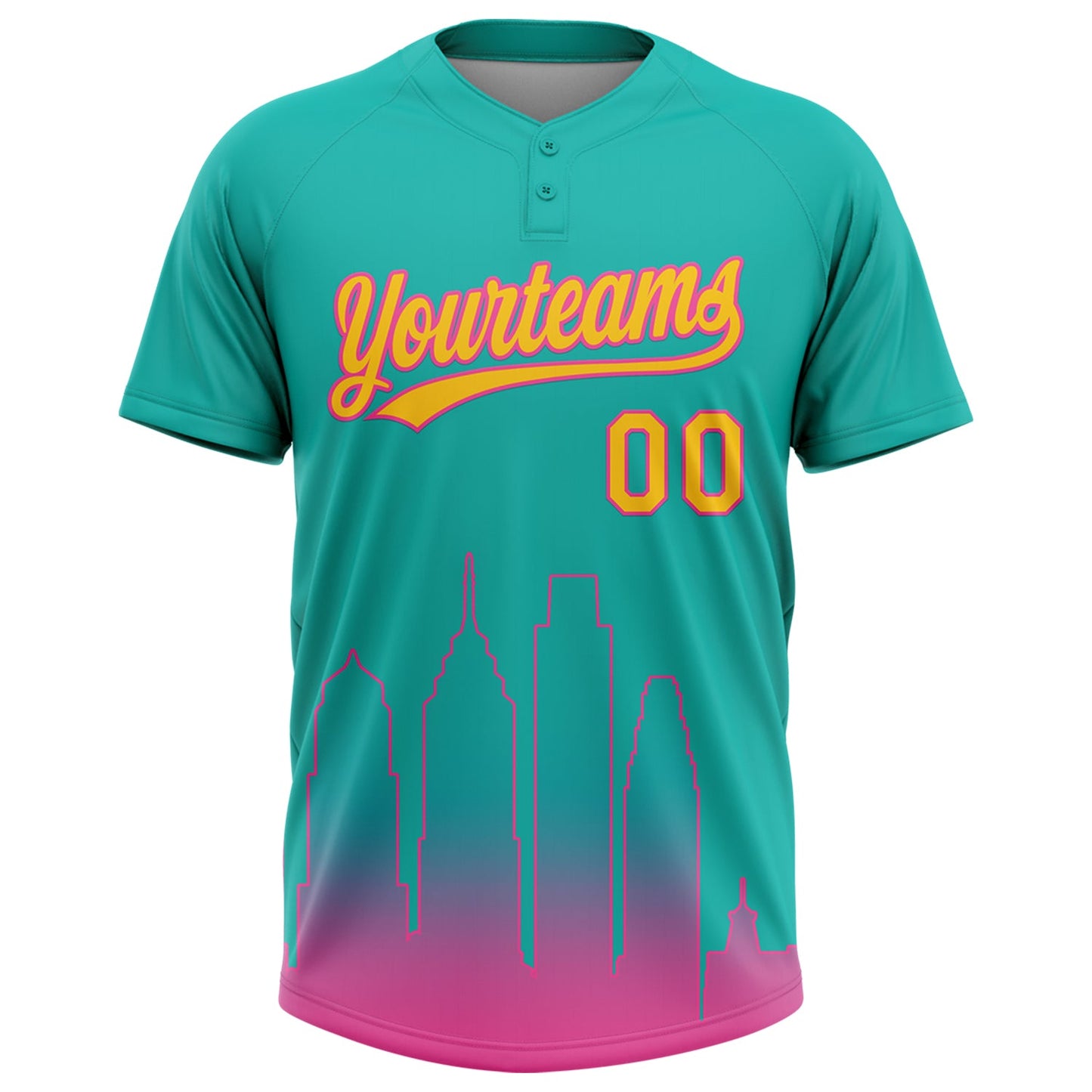 Custom Aqua Yellow-Pink San Diego City Edition Gradient Two-Button Unisex Softball Jersey view 2