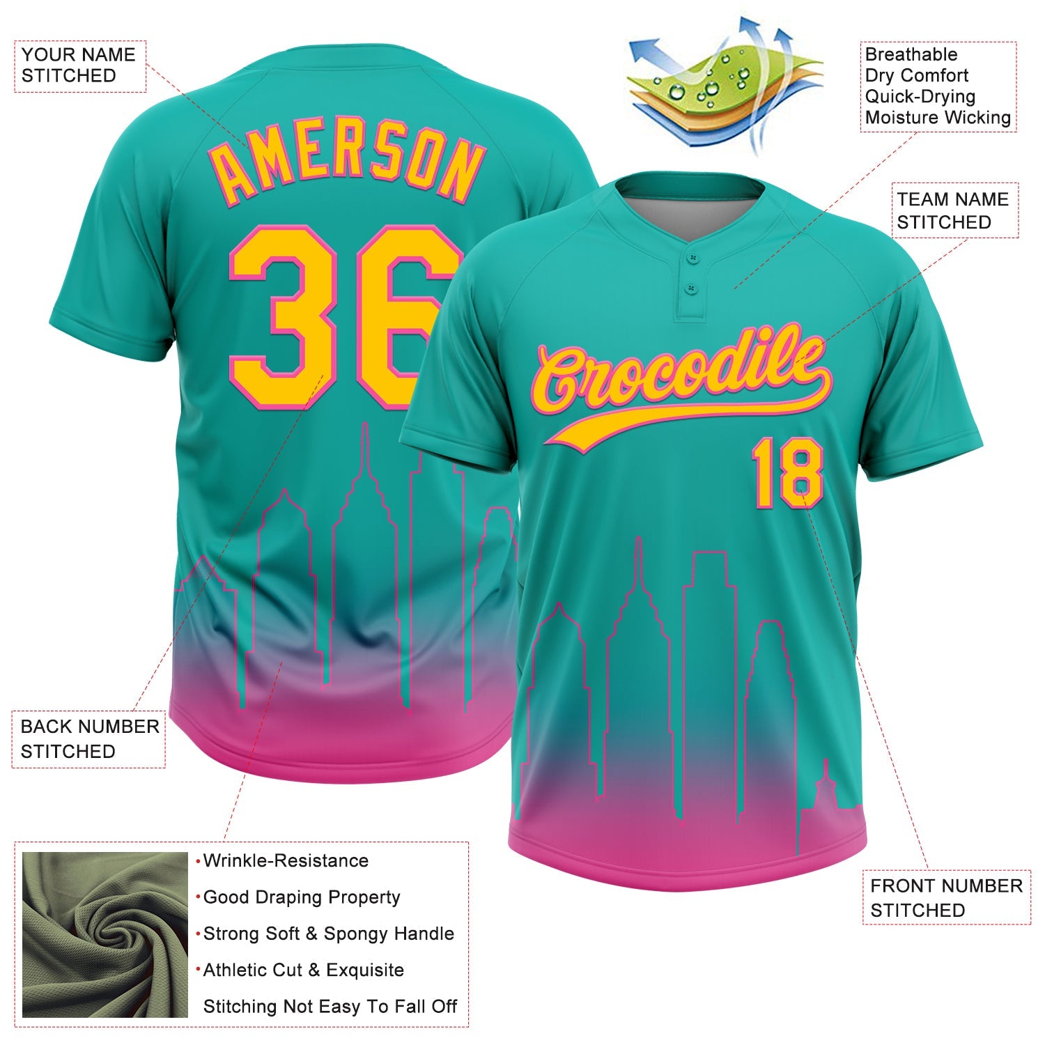 Custom Aqua Yellow-Pink San Diego City Edition Gradient Two-Button Unisex Softball Jersey view 3