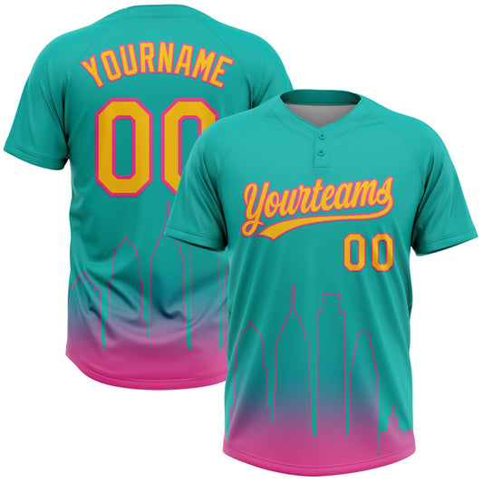 Custom Aqua Yellow-Pink San Diego City Edition Gradient Two-Button Unisex Softball Jersey - Main View