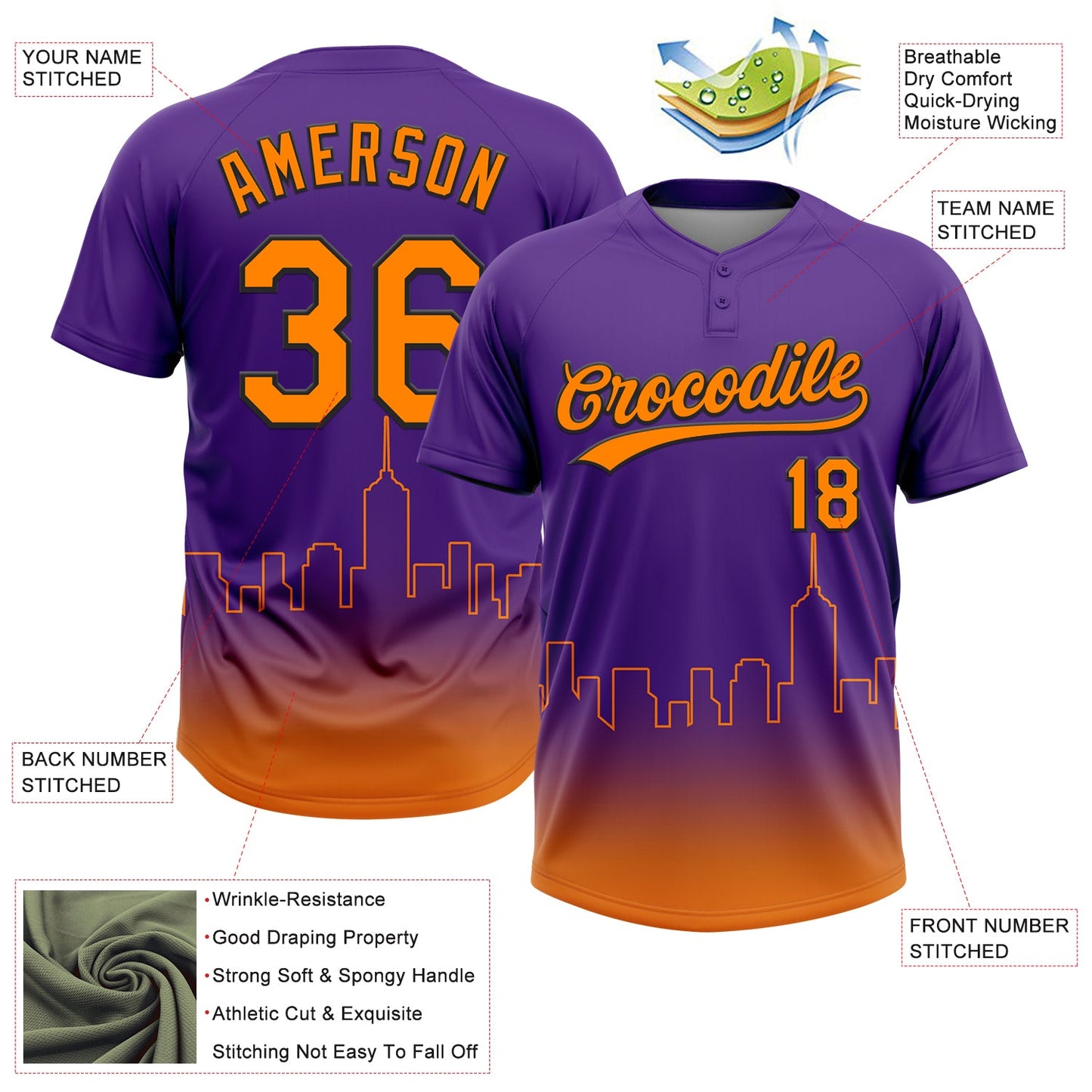 Custom Purple Bay Orange-Black Phoenix City Edition Gradient Two-Button Unisex Softball Jersey view 3