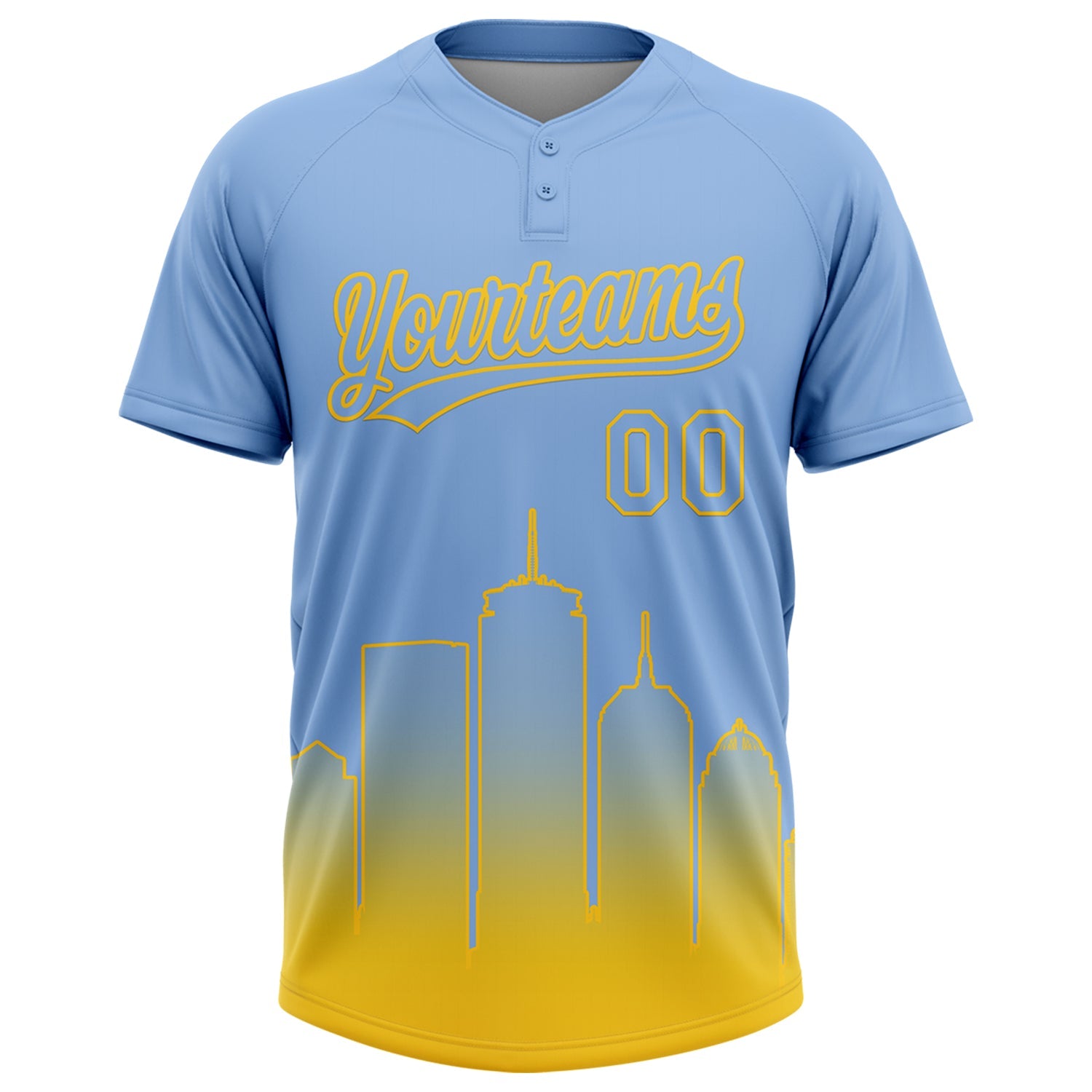Custom Light Blue Yellow Boston City Edition Gradient Two-Button Unisex Softball Jersey view 2