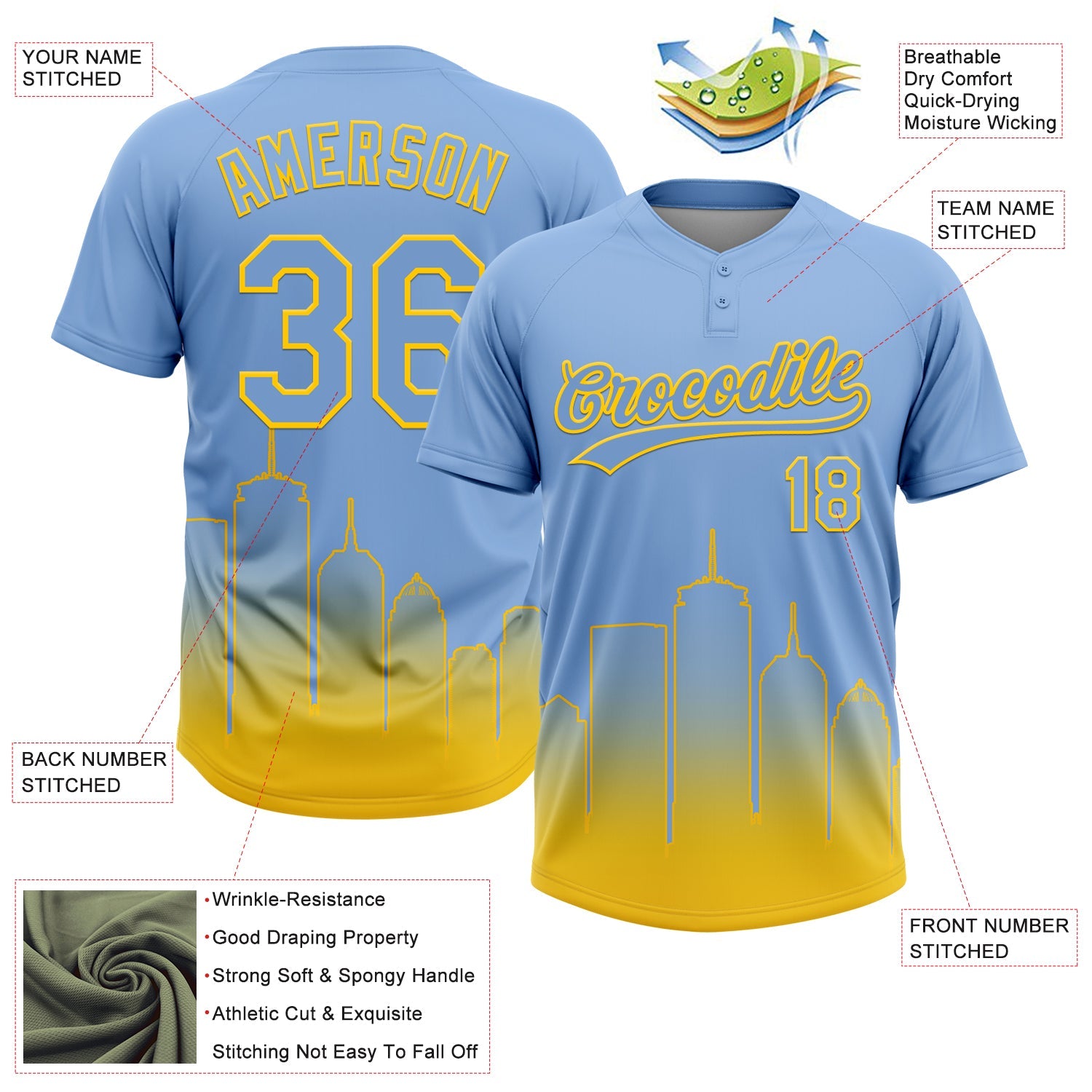 Custom Light Blue Yellow Boston City Edition Gradient Two-Button Unisex Softball Jersey view 3