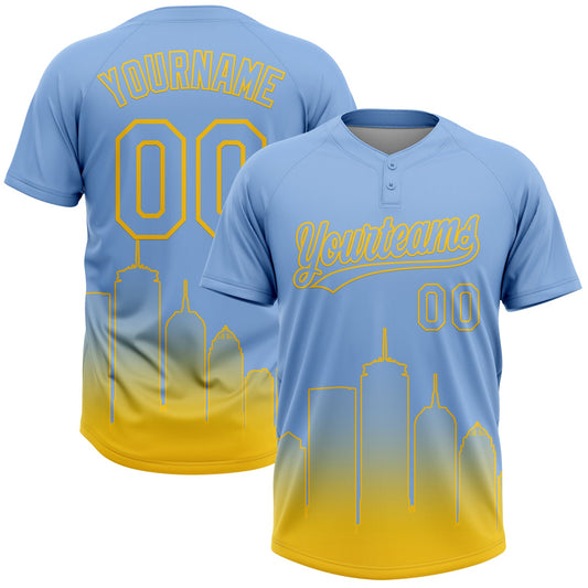 Custom Light Blue Yellow Boston City Edition Gradient Two-Button Unisex Softball Jersey - Main View