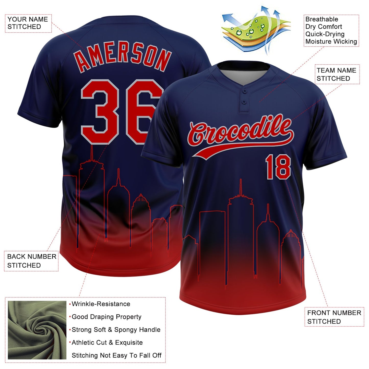 Custom Navy Red-Gray Boston City Edition Gradient Two-Button Unisex Softball Jersey view 3