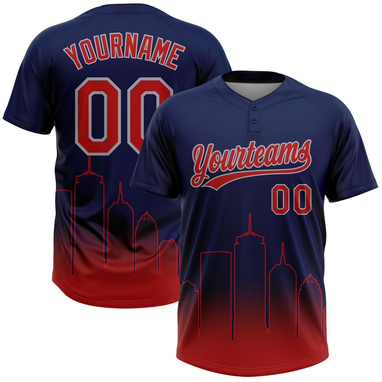 Custom Navy Red-Gray Boston City Edition Gradient Two-Button Unisex Softball Jersey - Main View