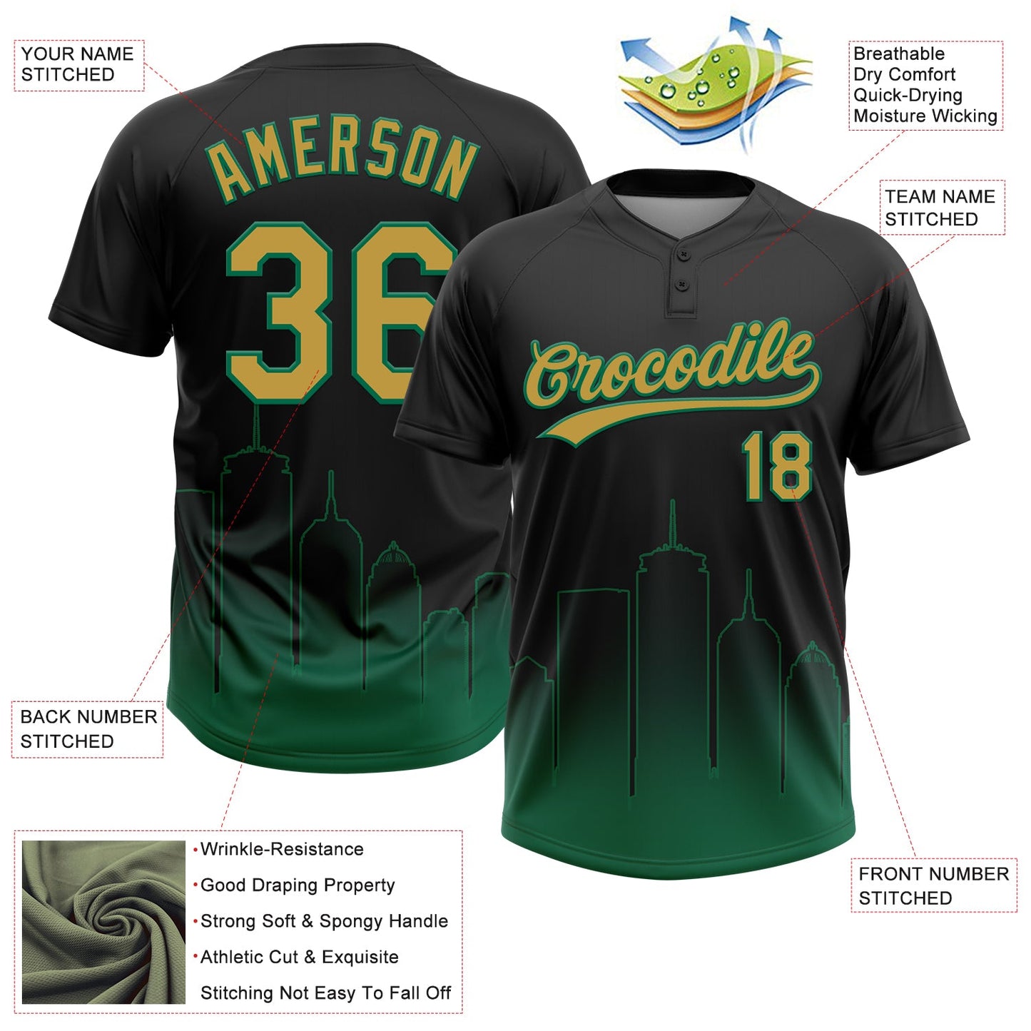 Custom Black Old Gold-Kelly Green Boston City Edition Gradient Two-Button Unisex Softball Jersey view 3