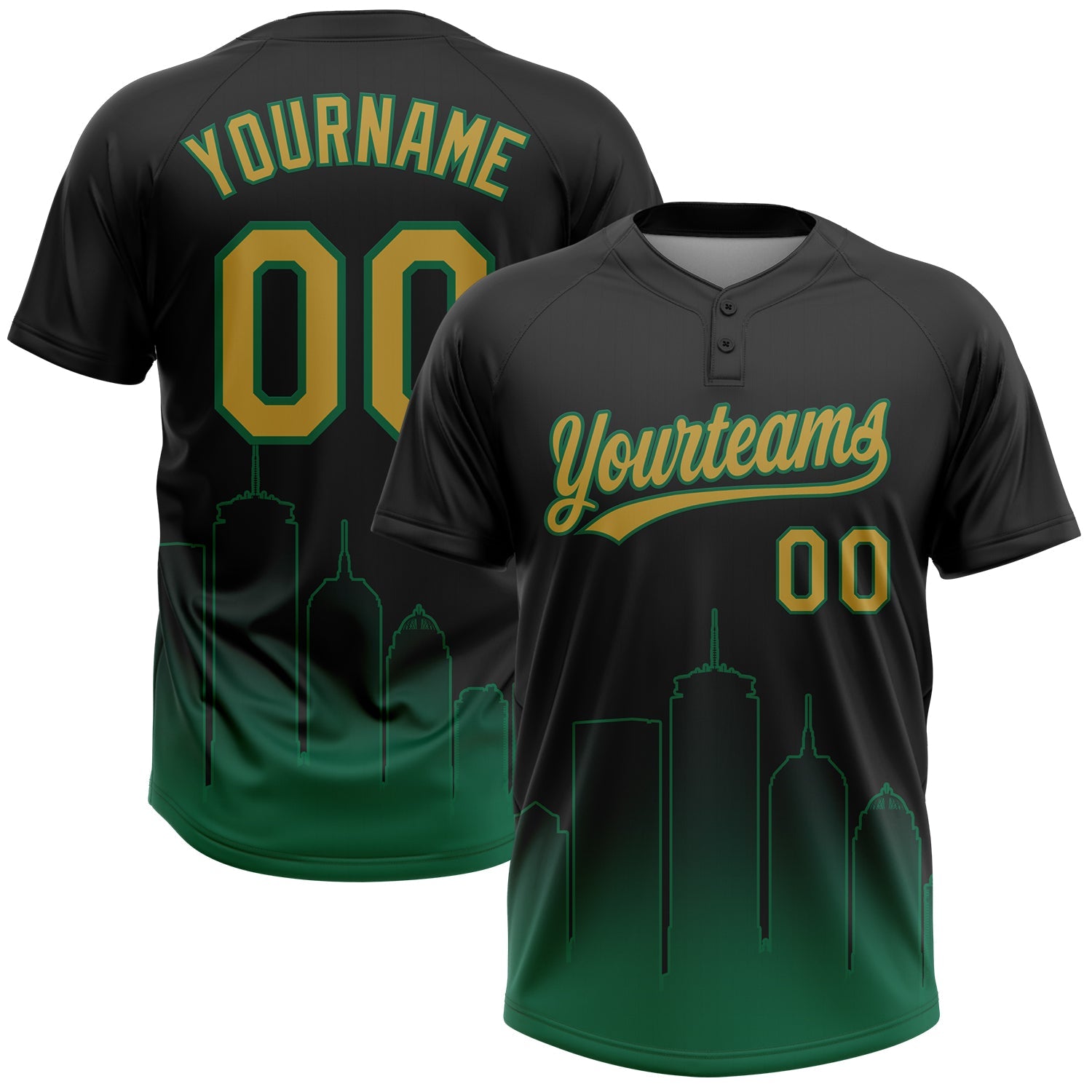 Custom Black Old Gold-Kelly Green Boston City Edition Gradient Two-Button Unisex Softball Jersey - Main View