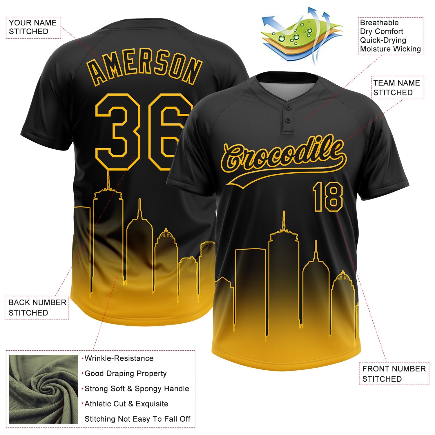 Custom Black Gold Boston City Edition Gradient Two-Button Unisex Softball Jersey view 3