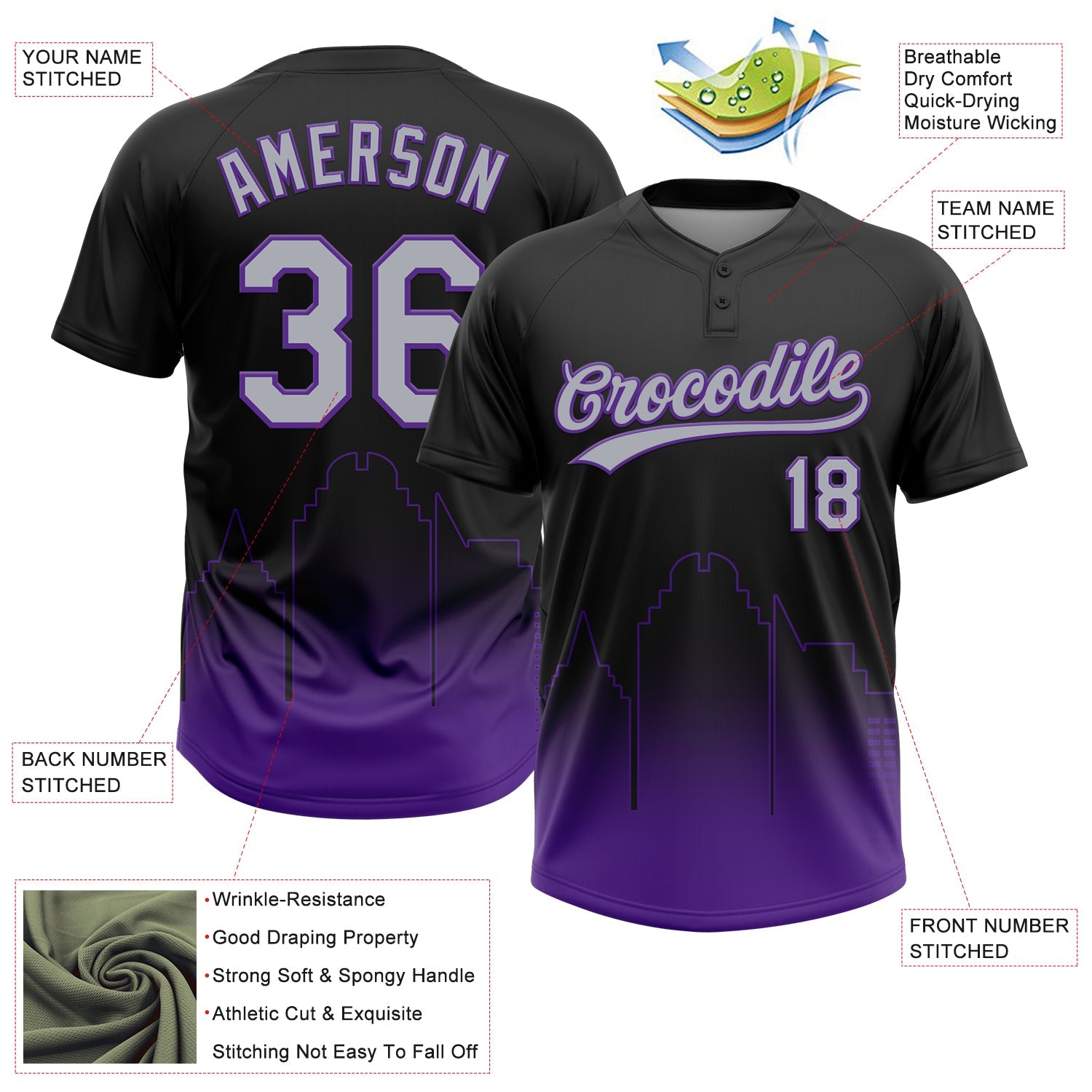 Custom Black Gray-Purple Sacramento City Edition Gradient Two-Button Unisex Softball Jersey view 3
