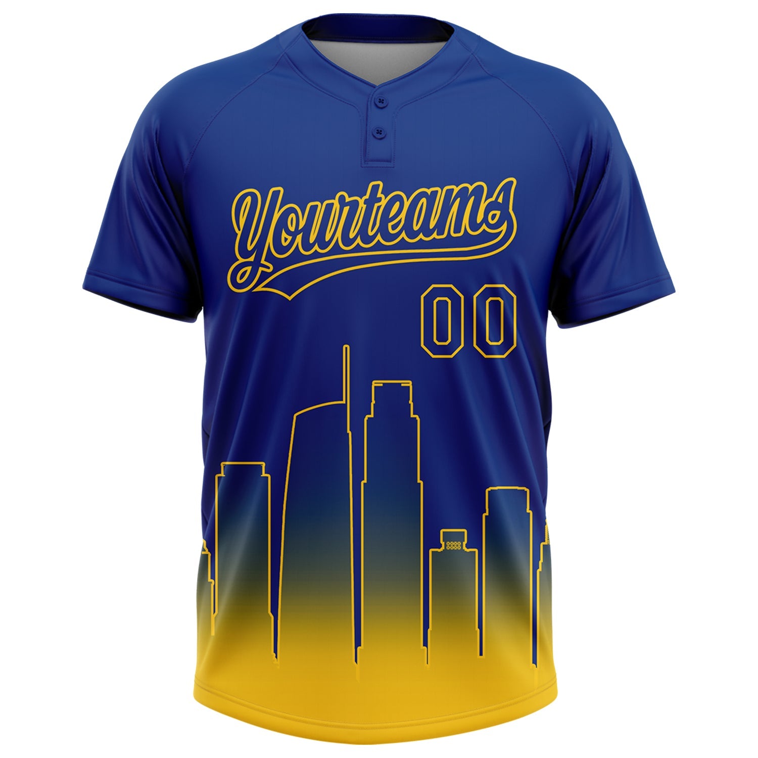 Custom Royal Yellow Los Angeles City Edition Gradient Two-Button Unisex Softball Jersey view 2