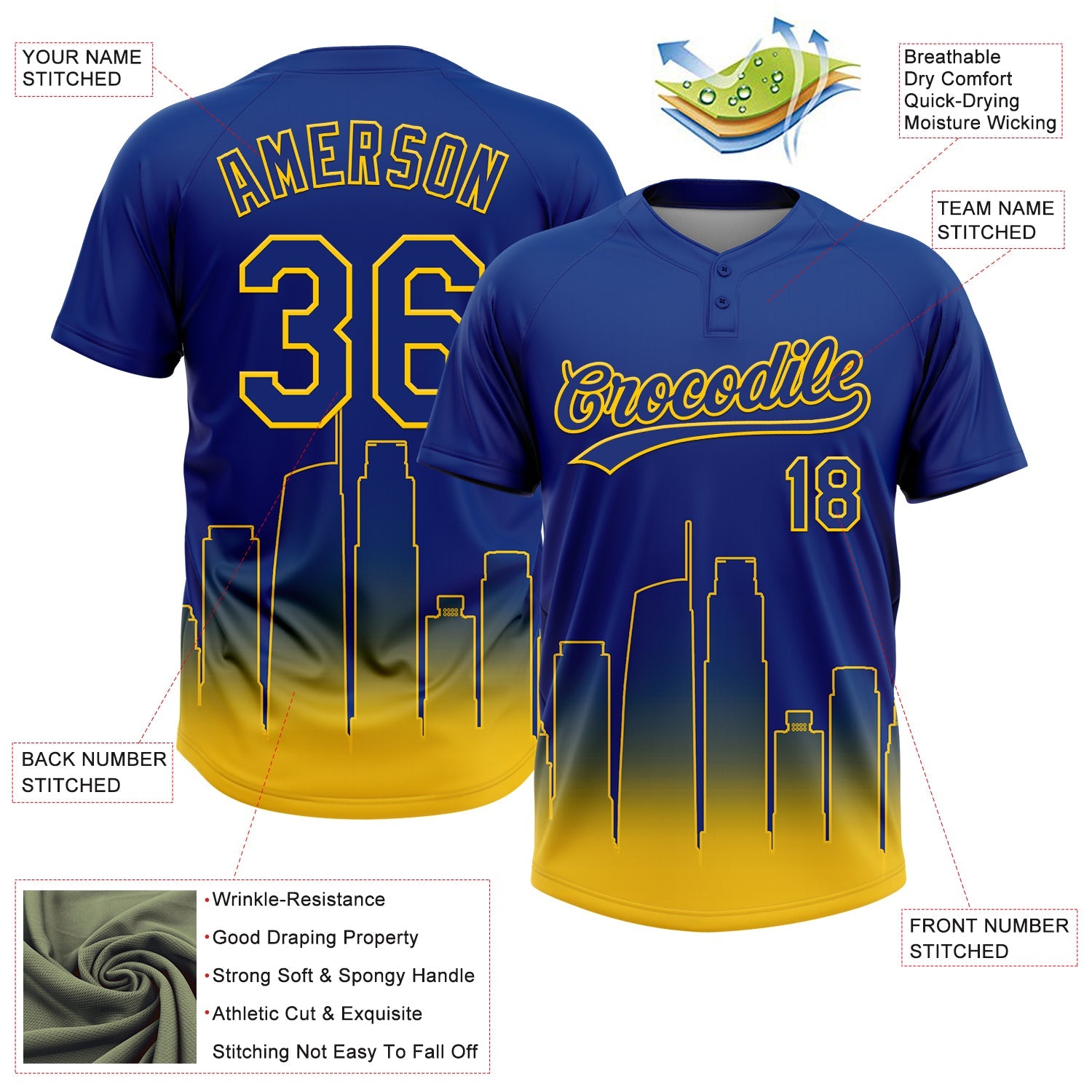 Custom Royal Yellow Los Angeles City Edition Gradient Two-Button Unisex Softball Jersey view 3