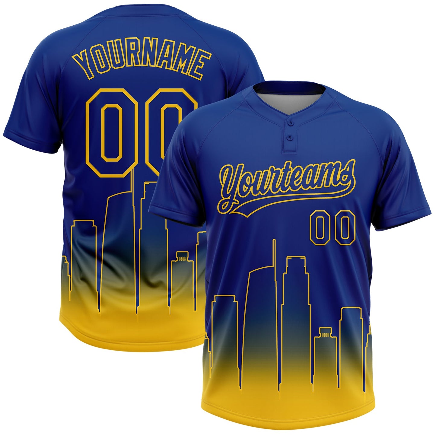 Custom Royal Yellow Los Angeles City Edition Gradient Two-Button Unisex Softball Jersey - Main View