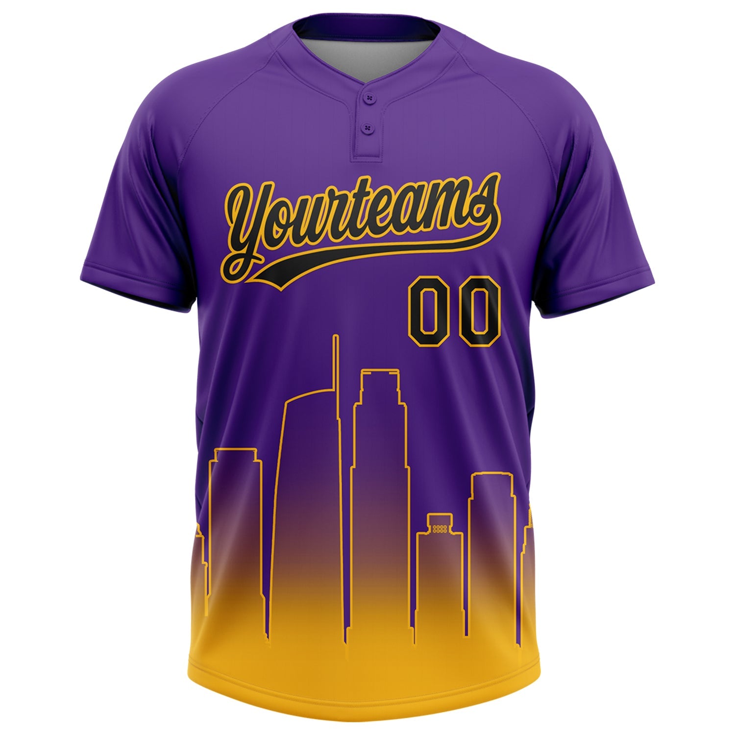 Custom Purple Black-Gold Los Angeles City Edition Gradient Two-Button Unisex Softball Jersey view 2