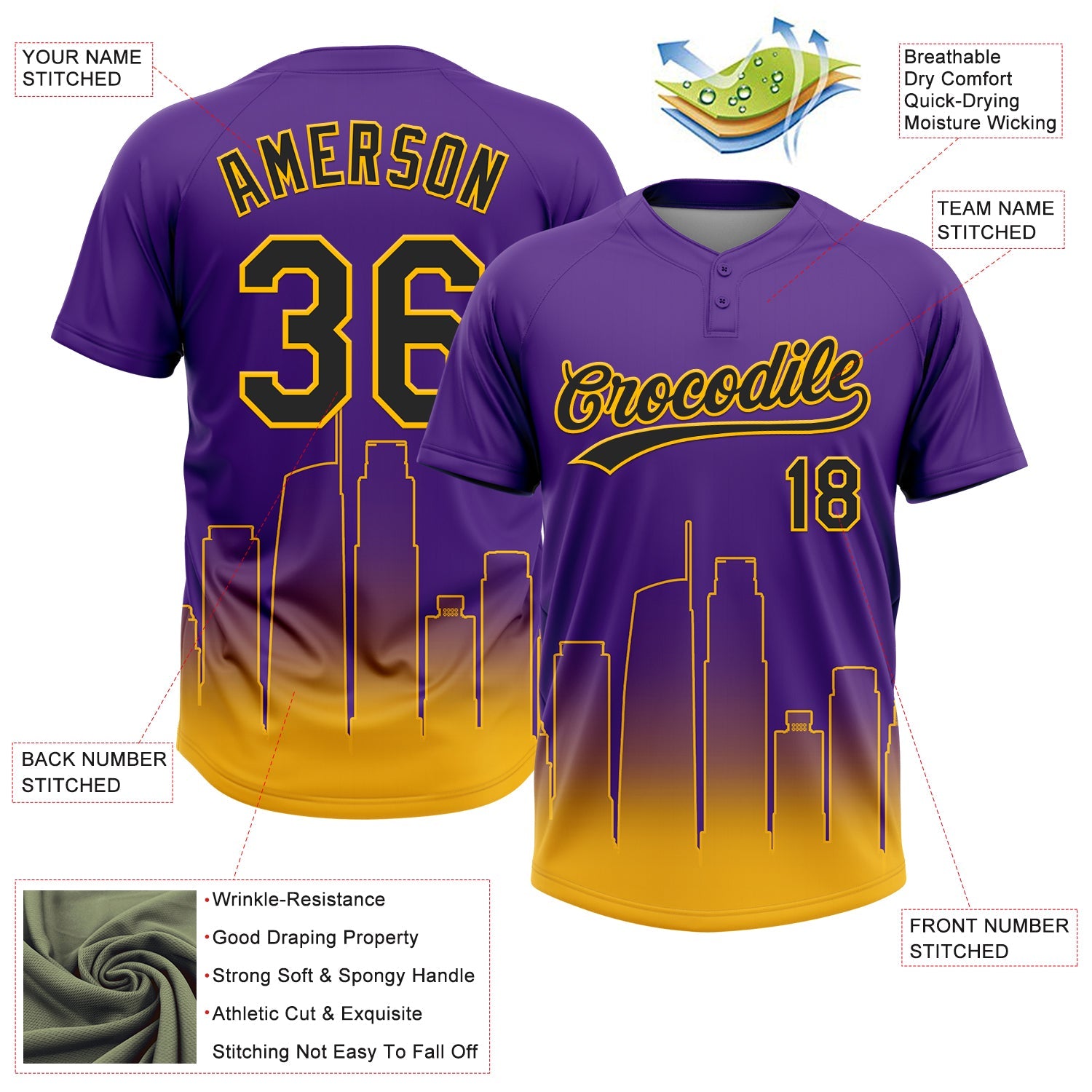 Custom Purple Black-Gold Los Angeles City Edition Gradient Two-Button Unisex Softball Jersey view 3