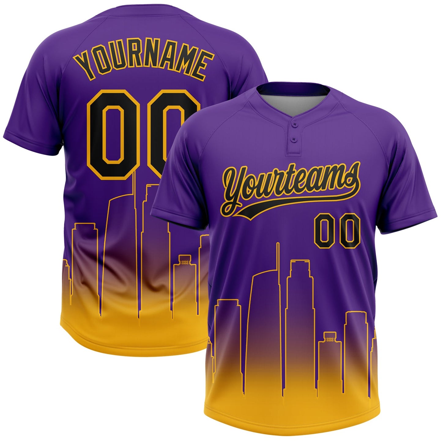 Custom Purple Black-Gold Los Angeles City Edition Gradient Two-Button Unisex Softball Jersey - Main View