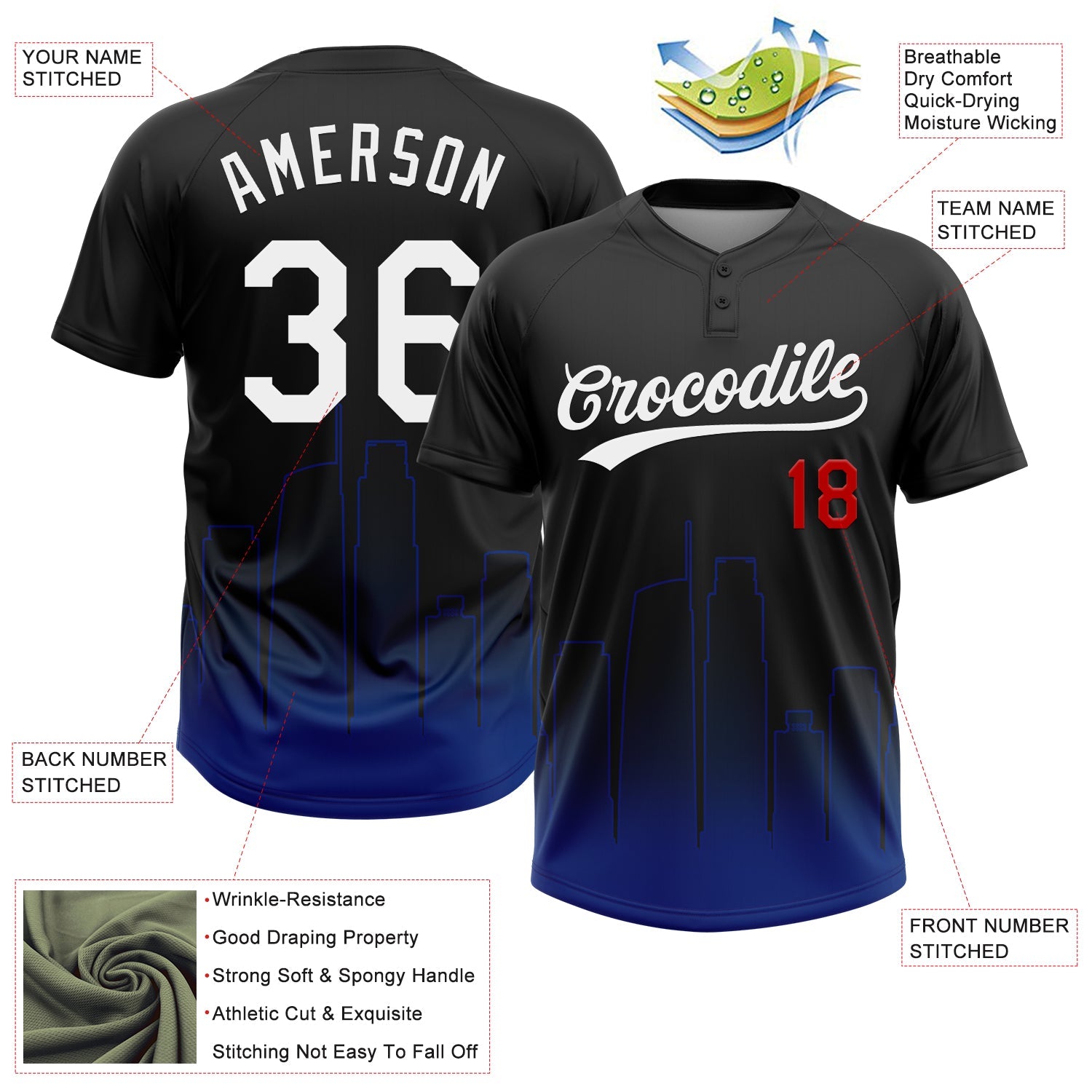 Custom Black White Royal-Red Los Angeles City Edition Gradient Two-Button Unisex Softball Jersey view 3