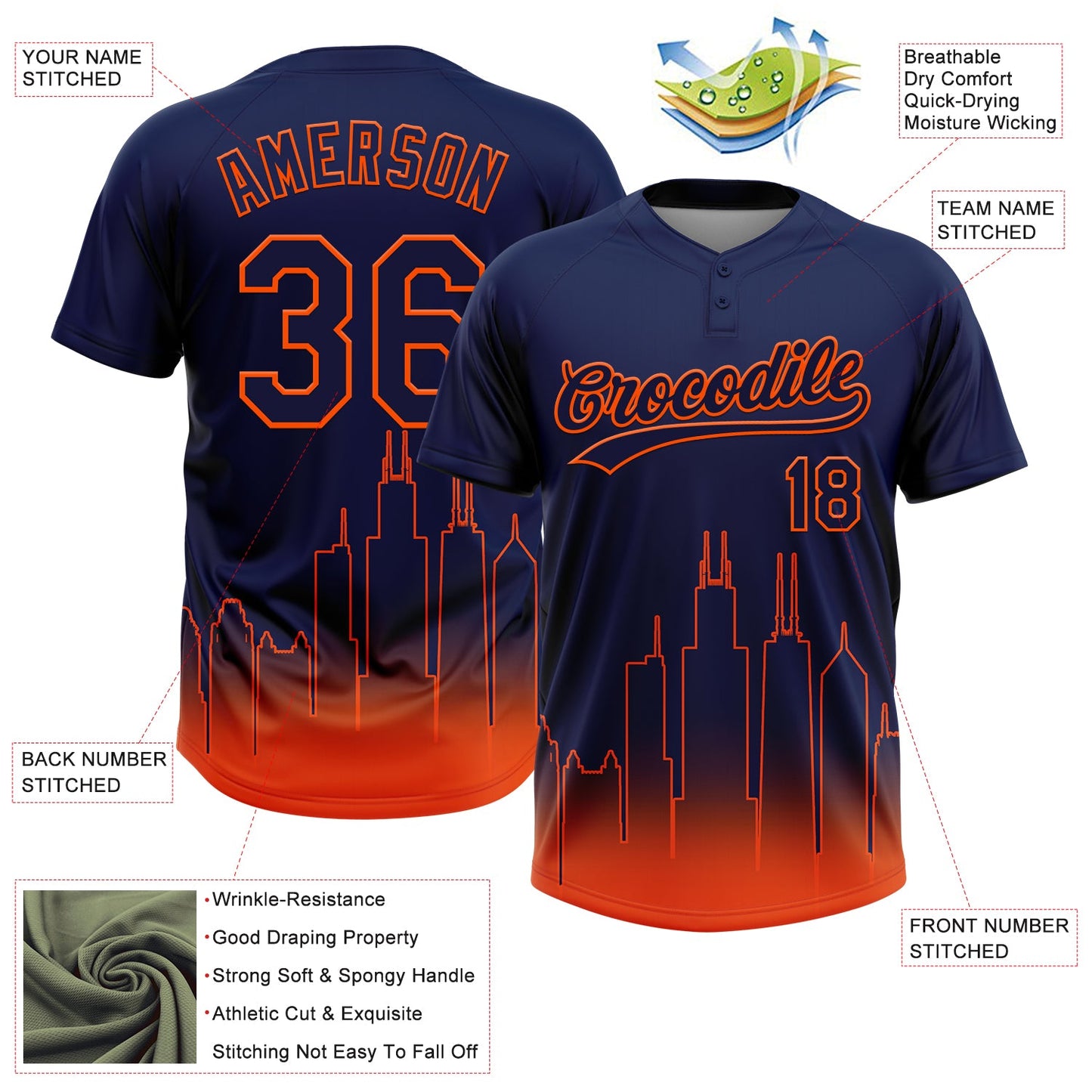 Custom Navy Orange Chicago City Edition Gradient Two-Button Unisex Softball Jersey view 3